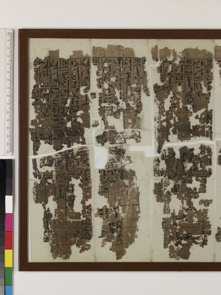 A papyrus roll with narrow vertical columns of linear hieroglyphs across the upper part and a lower band of figured scenes separated by vertical lines.