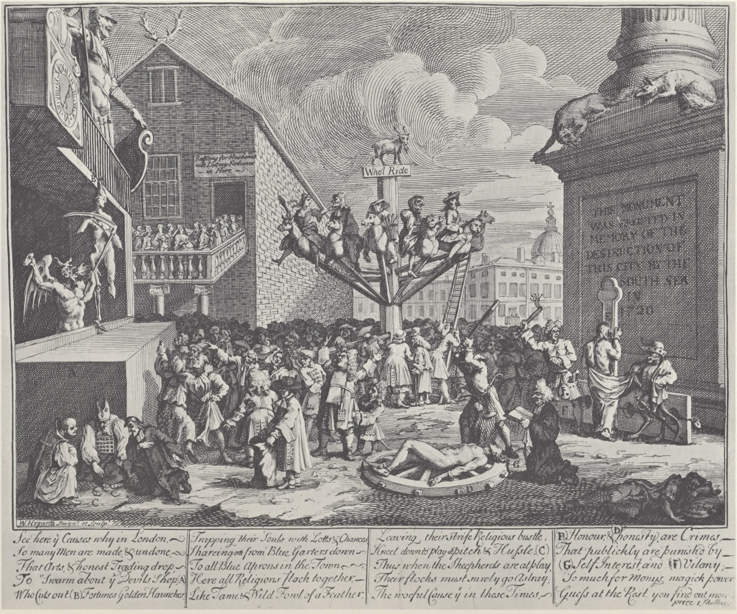 A crowded scene of men in suits and fancy clothes. A central figure, a portly man in a top hat holds a small bag of coins. The background shows a shipwreck with people drowning, symbolizing the economic crisis.