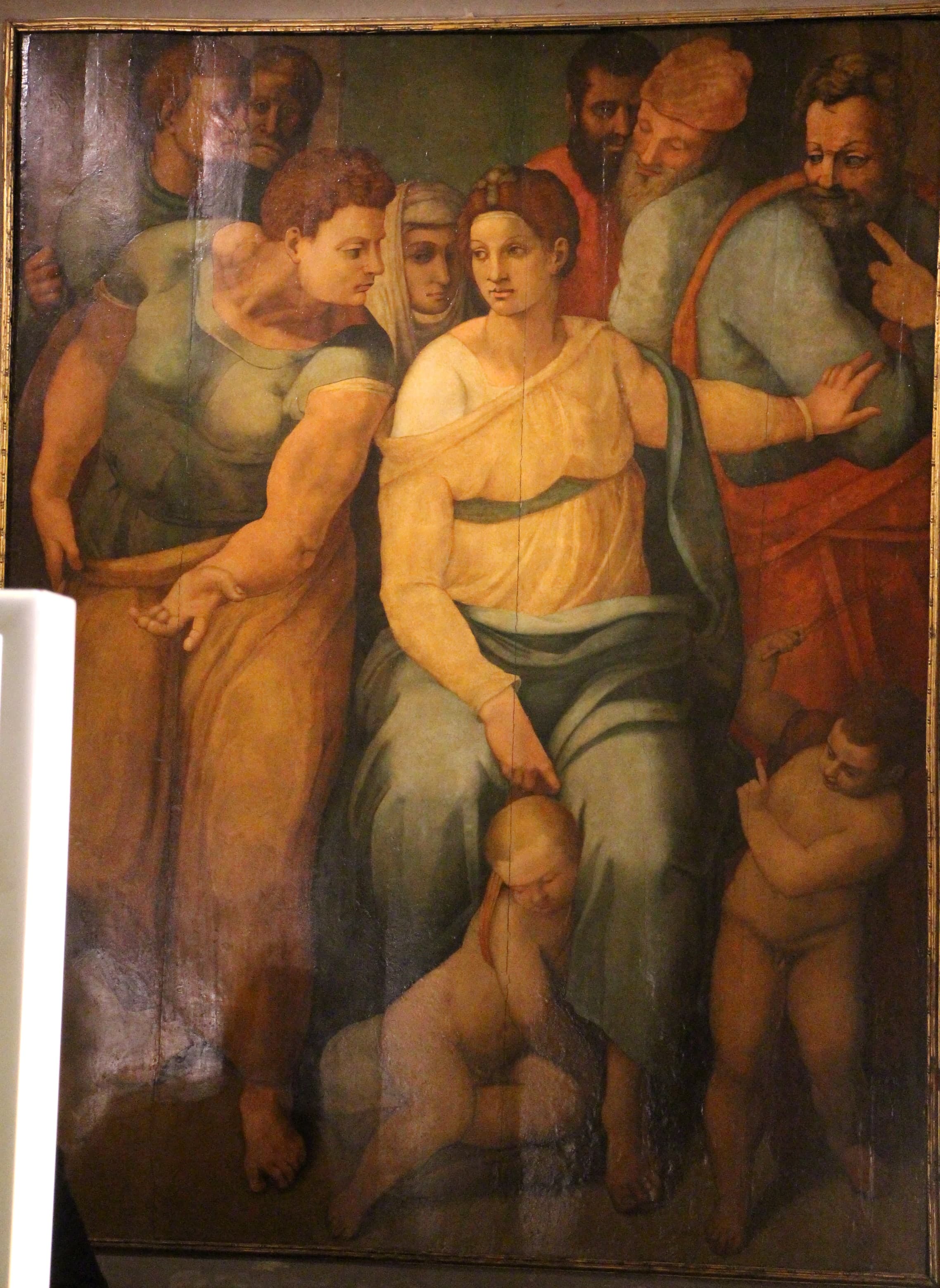 A tall rectangular sheet worked in black chalk on paper, more than two metres high: a Renaissance cartoon by Michelangelo in a vertical format.
