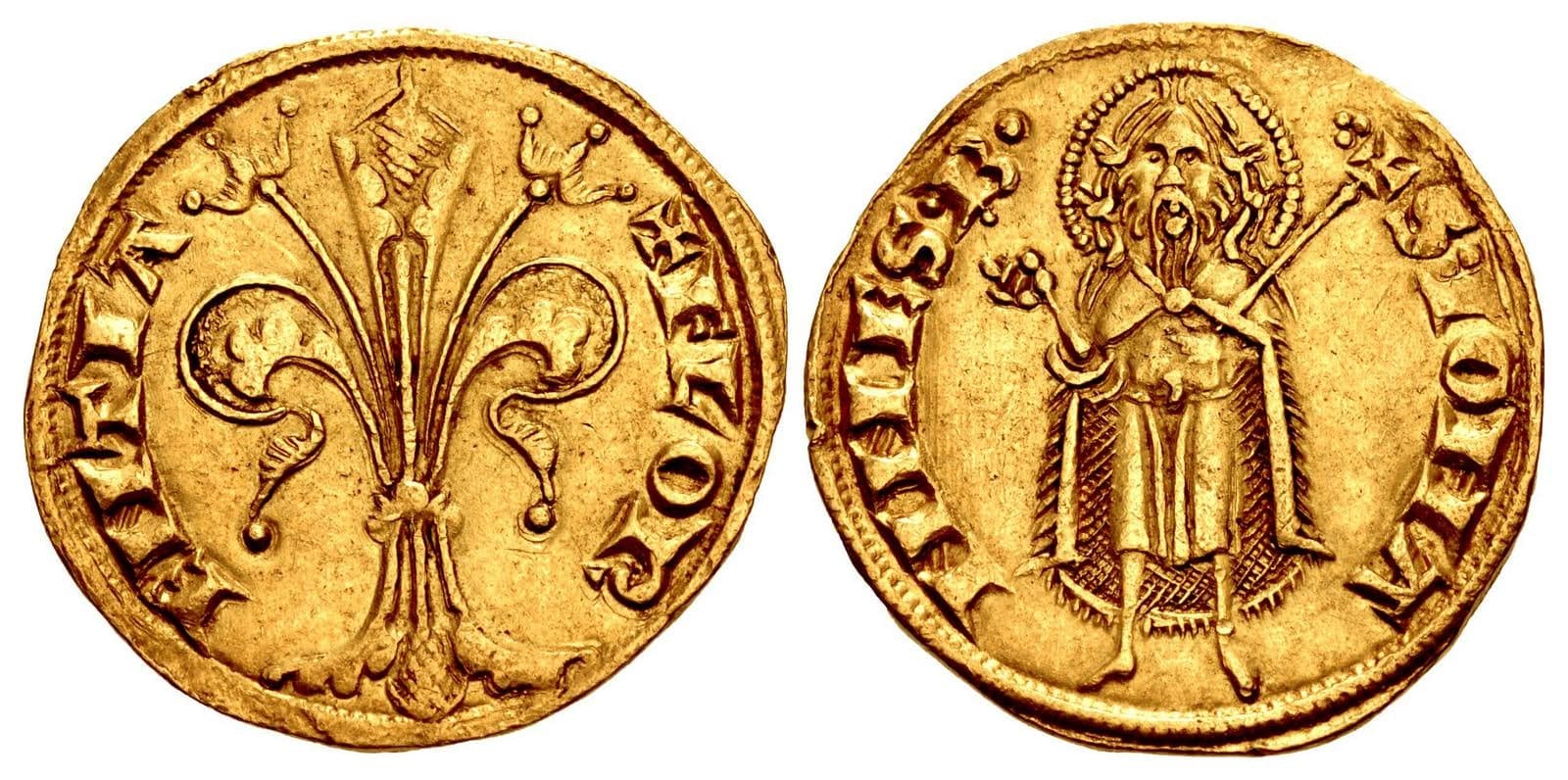 A small round gold coin, thin and slightly uneven at the rim, its raised design worn but still legible: a seated figure under a canopy on one face, with lettering running around the edge.