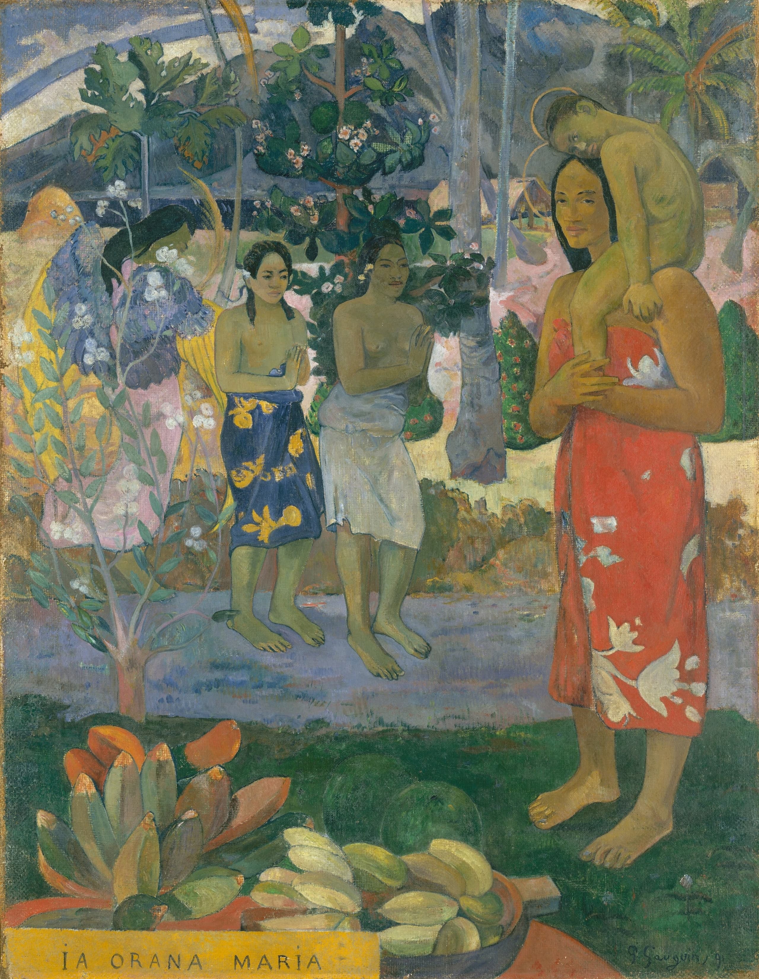 A painted scene described as two Polynesian women greeting a Tahitian mother and child, arranged within a Christian Madonna-and-Child framework.