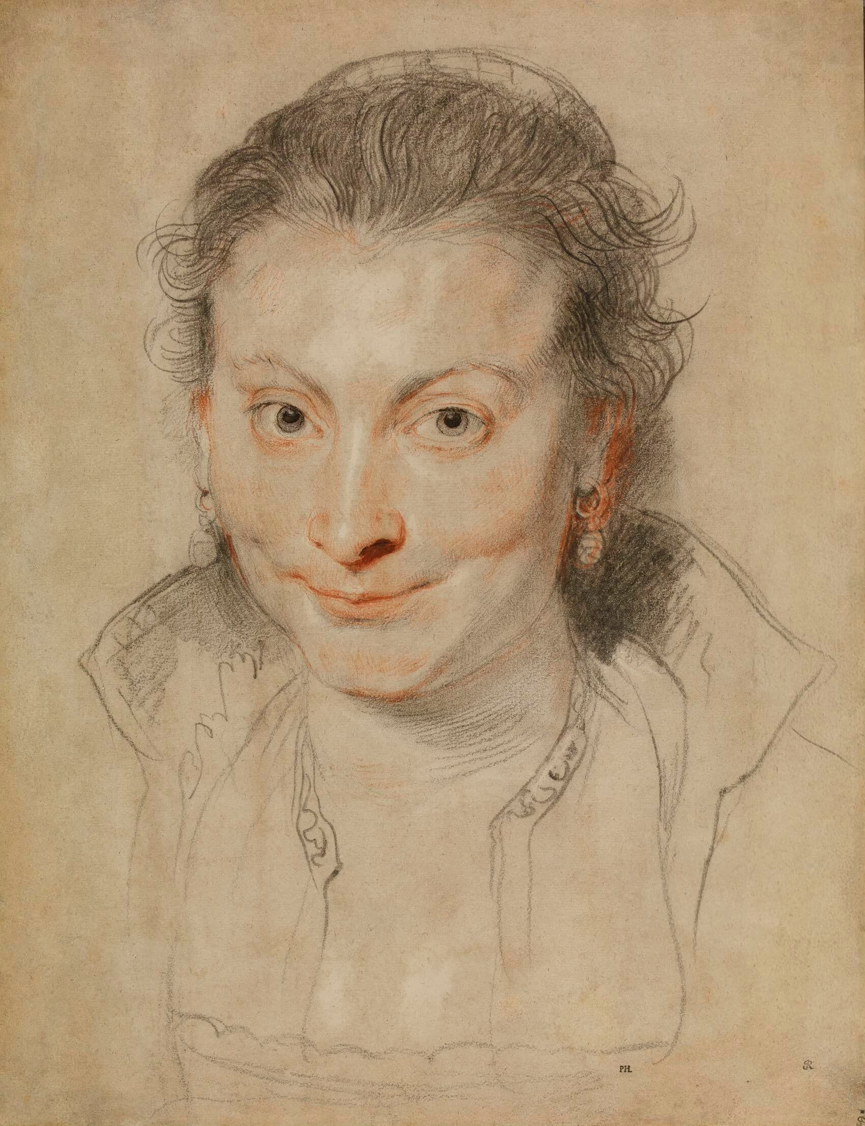 A portrait drawing in black, red and white chalk on brown paper, showing a woman with dark eyes, a high lace collar, and hair pulled back from her face.