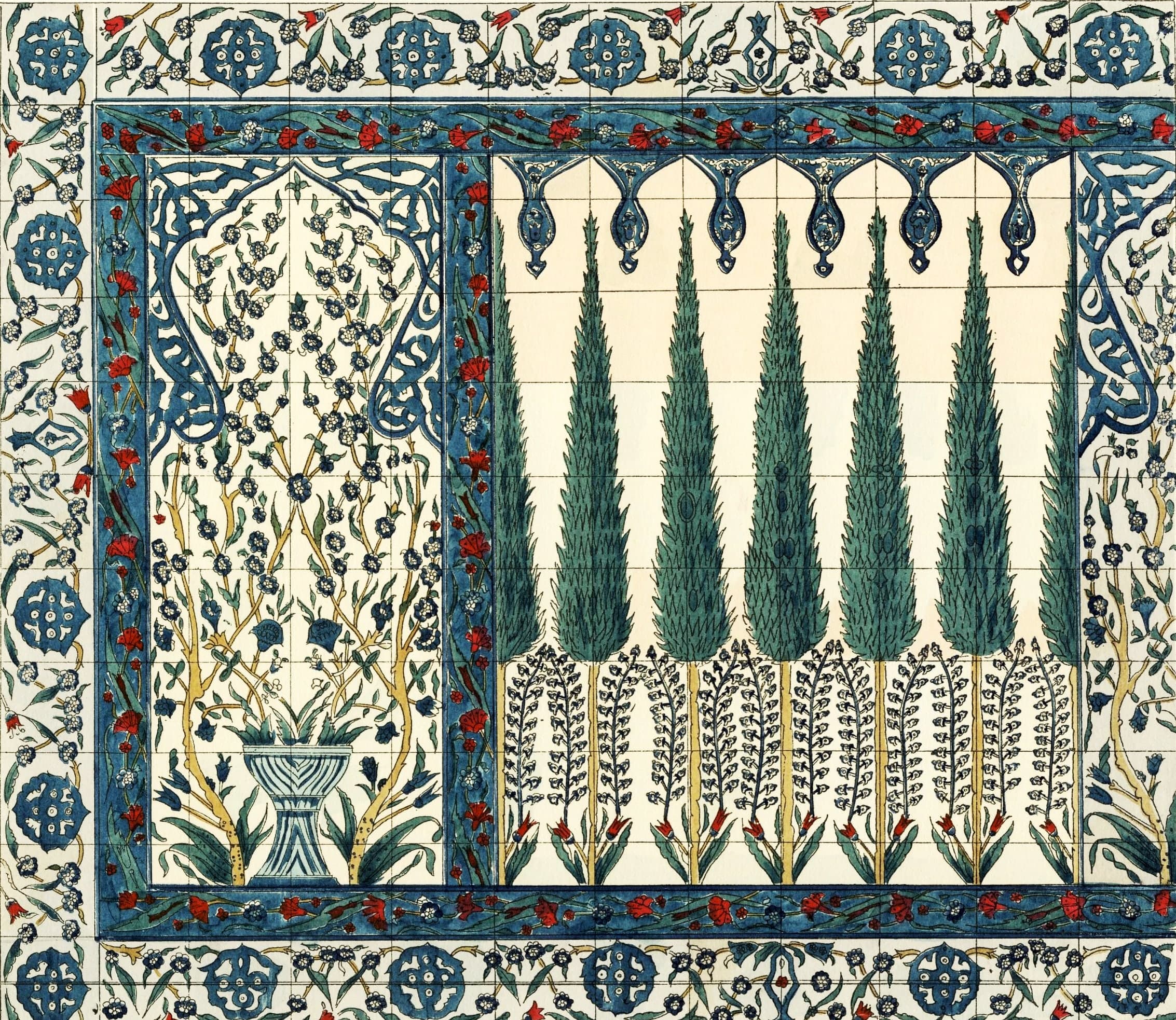 A ceramic tile densely patterned with stylised tulips and carnations in cobalt blue, turquoise, emerald green, and a vivid raised red, all under a clear glaze on a white ground.