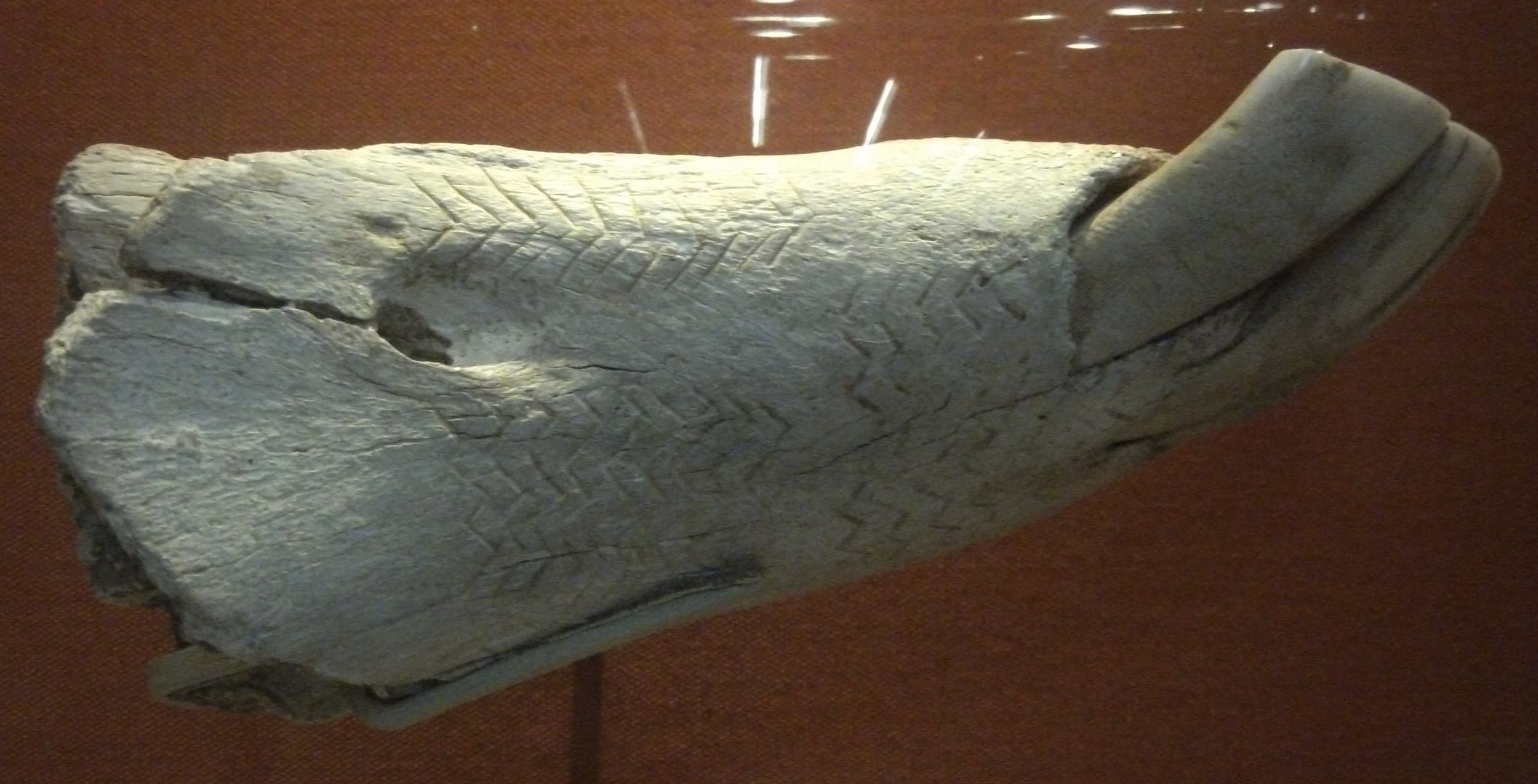 A horse jawbone that has been carved and decorated at one end to resemble an animal head. The teeth are still visible in the bone.
