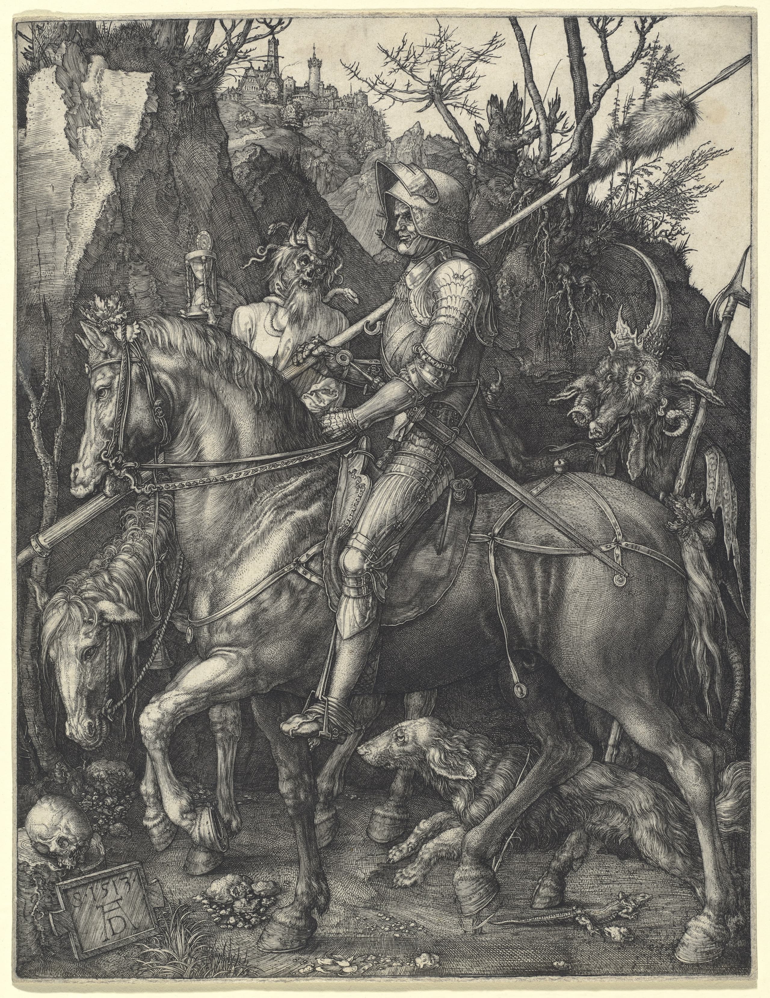 A densely engraved scene of an armoured knight on horseback moving through a rocky pass, with a dog below, Death carrying an hourglass, and a horned monstrous figure nearby.