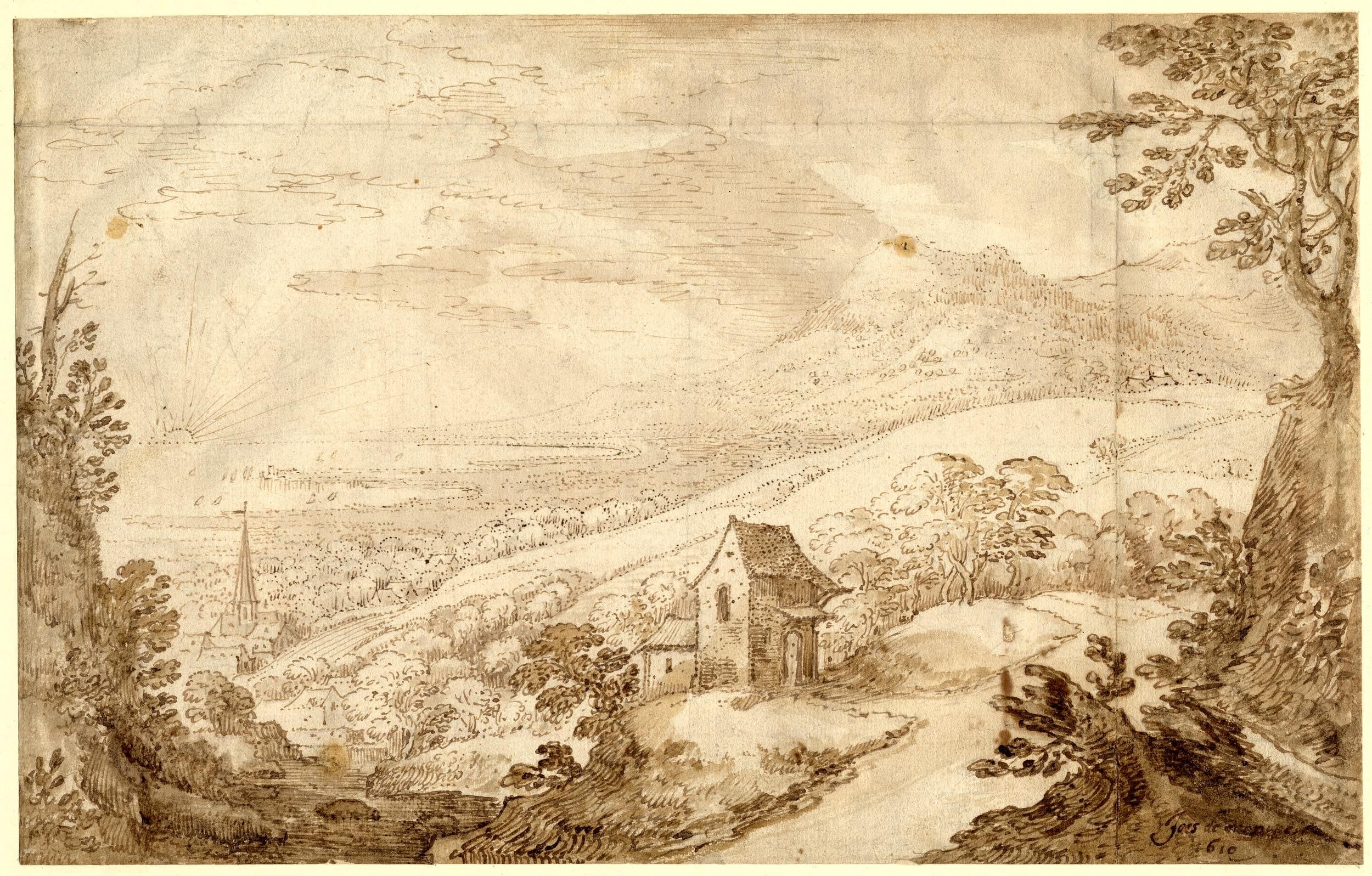 A sunset sea view framed by wooded slopes, with a cottage beside a country road in the foreground and boats and mountains beyond a bay.