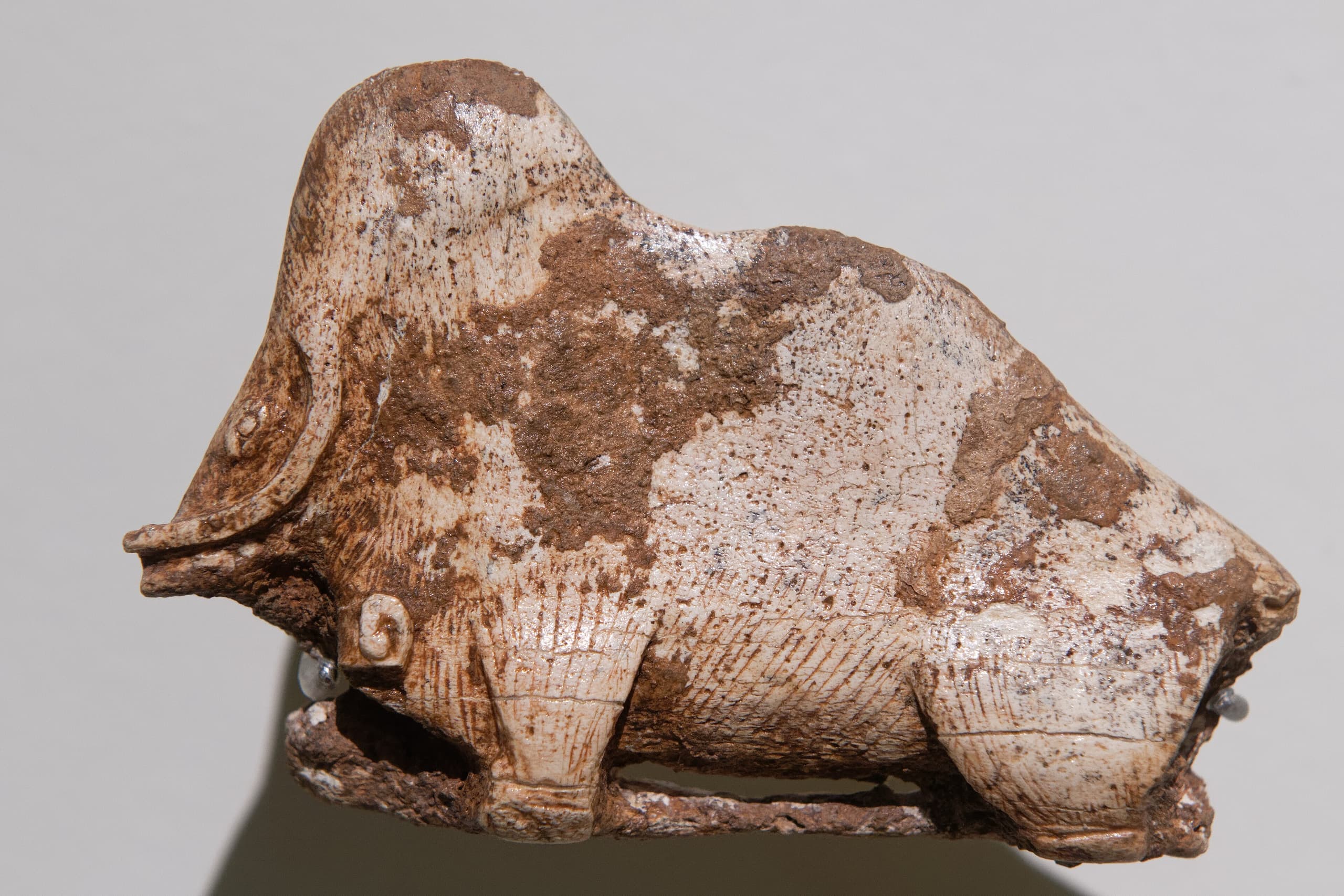 A small carved spear-thrower resolved as a mammoth, the animal’s body forming the shaft of the atlatl rather than a separate figurine.