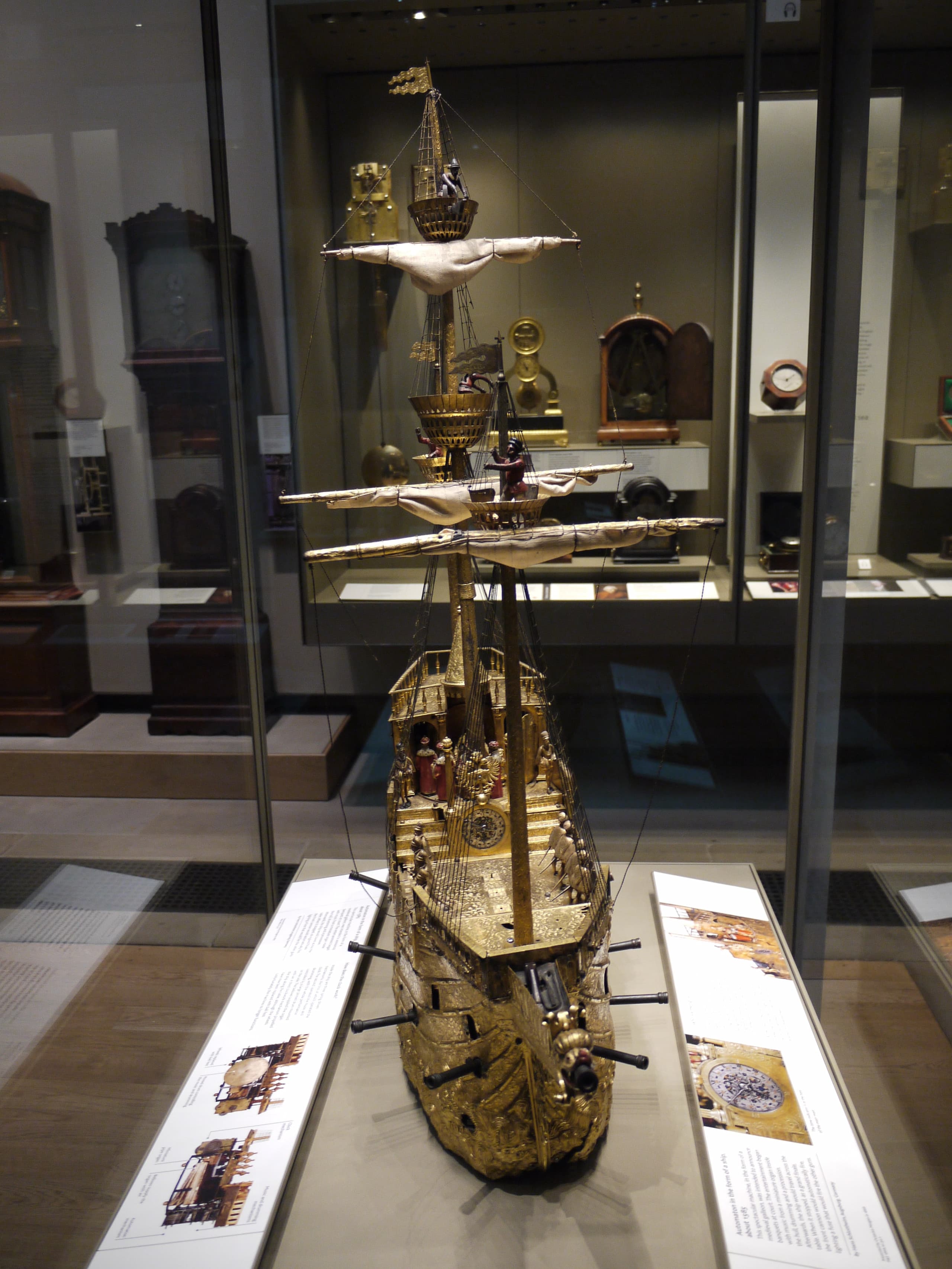 A brass and steel model galleon about a metre tall, with masts and a detailed hull, made as a Renaissance table automaton.