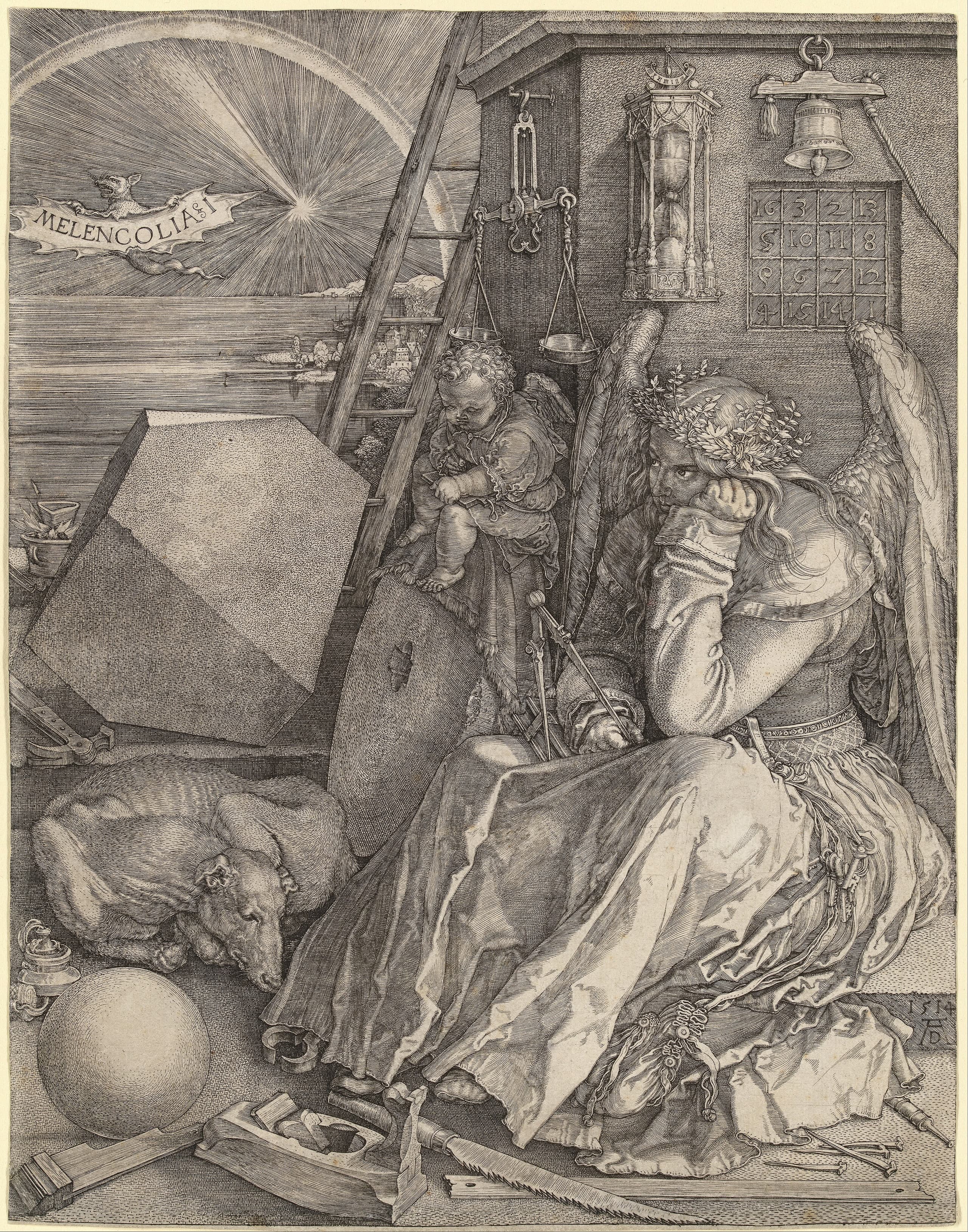An engraving featuring a winged woman seated on a ledge, holding her head in one hand and a compass in the other. She gazes off to the side at nothing particular. Tools such as hammers, saws, scales and spheres surround her. A ladder rests against a building behind her that has no roof or door.