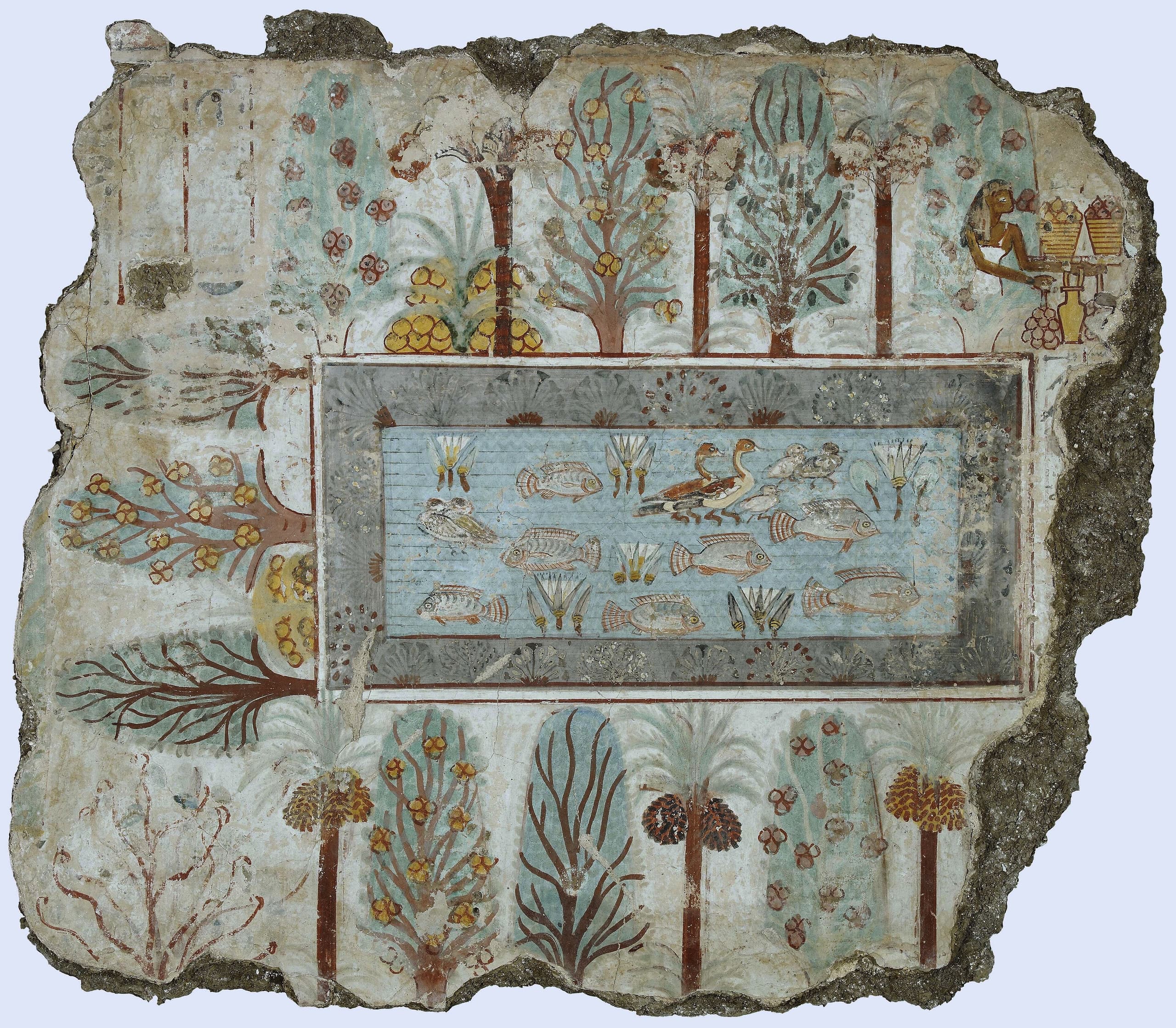 A painted wall fragment showing a man in a white kilt standing in a small boat, arm raised holding a throwing stick, surrounded by dense papyrus plants and birds in flight. A ginger cat clings to the stems, catching multiple birds. A woman and child sit in the boat.