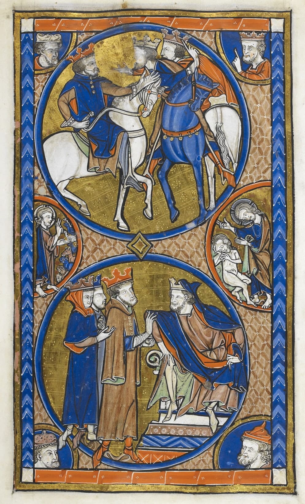 An open illuminated manuscript showing two pages of text in Latin, written in dark ink on parchment, with decorated initial letters in red, blue and gold.