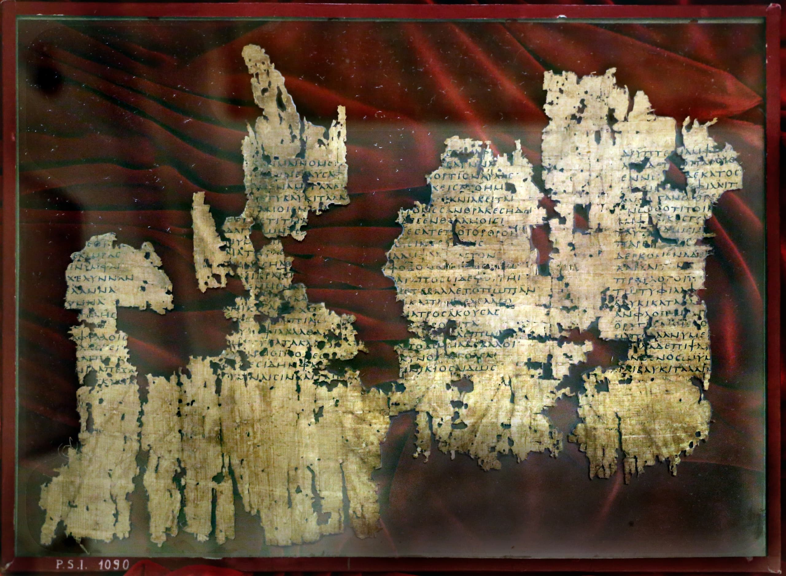 Fragments of ancient papyrus with Greek text in dark ink, torn and incomplete, showing the scale and condition of material recovered from the Oxyrhynchus excavations.