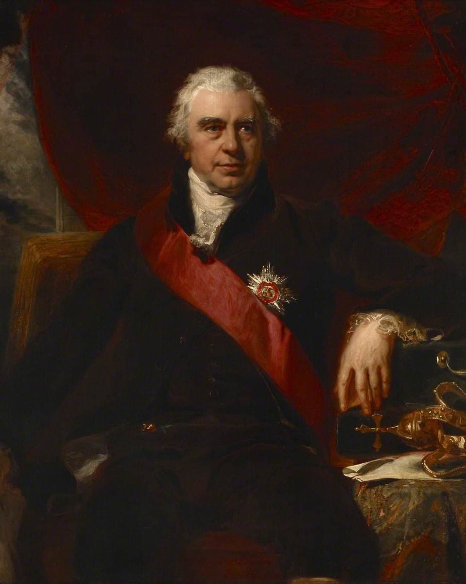 Oil portrait of a seated man in formal dress wearing the Order of the Bath, with the ceremonial mace of the Royal Society placed beside him.