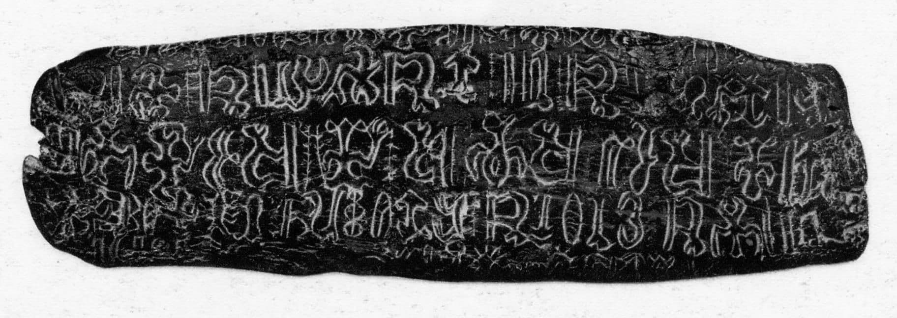 A wooden tablet from the rongorongo corpus, known as text K or the Small London tablet, held in the British Museum.