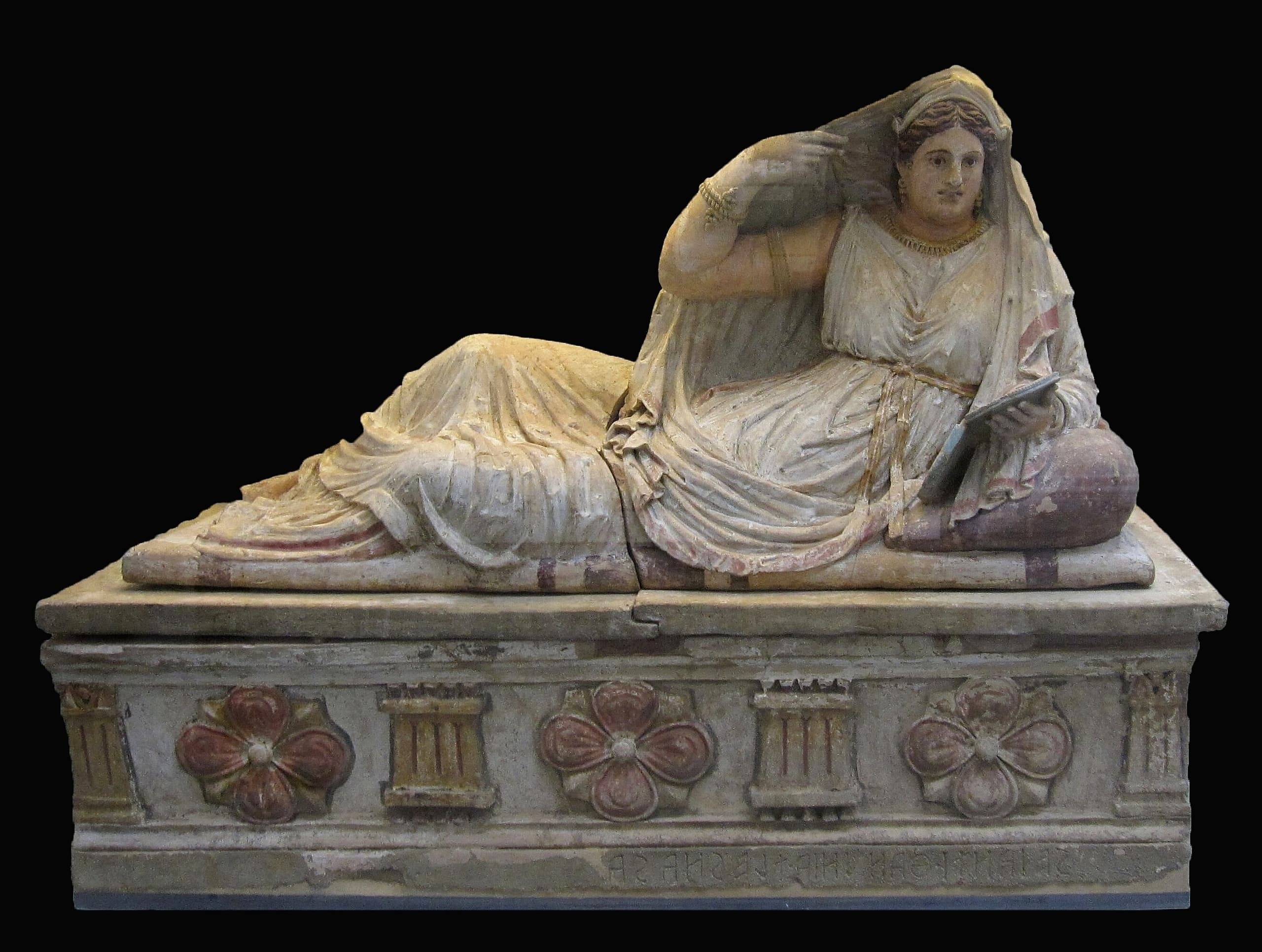 A life-size ancient sarcophagus, 117 centimetres (3 ft 10 in) high, made for the Etruscan noblewoman Seianti Hanunia Tlesnasa and now in the British Museum.