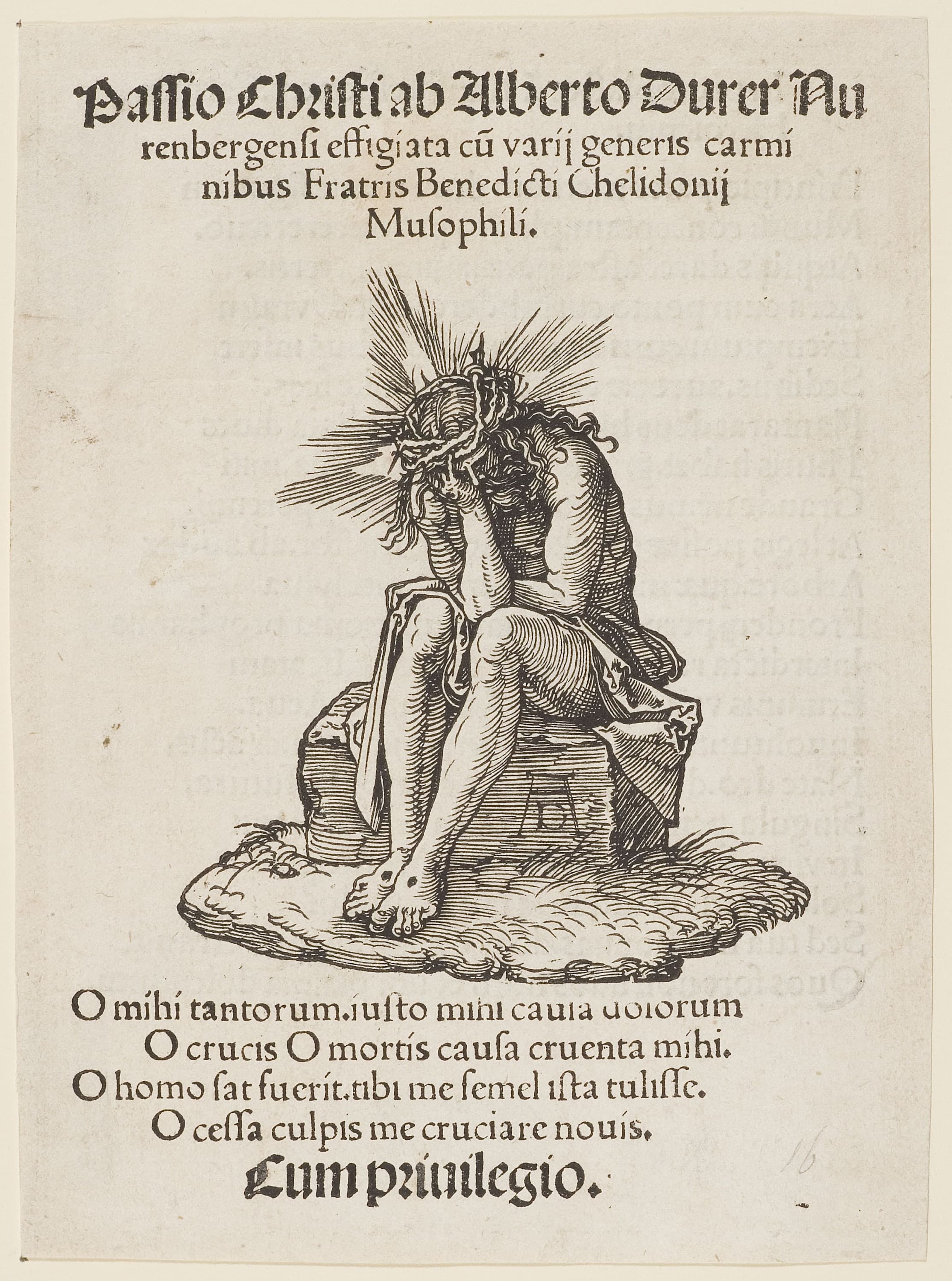 A compact portrait-format woodcut print, taller than it is wide, measuring 11.4 centimetres (4 in) high and 9 centimetres (4 in) wide.