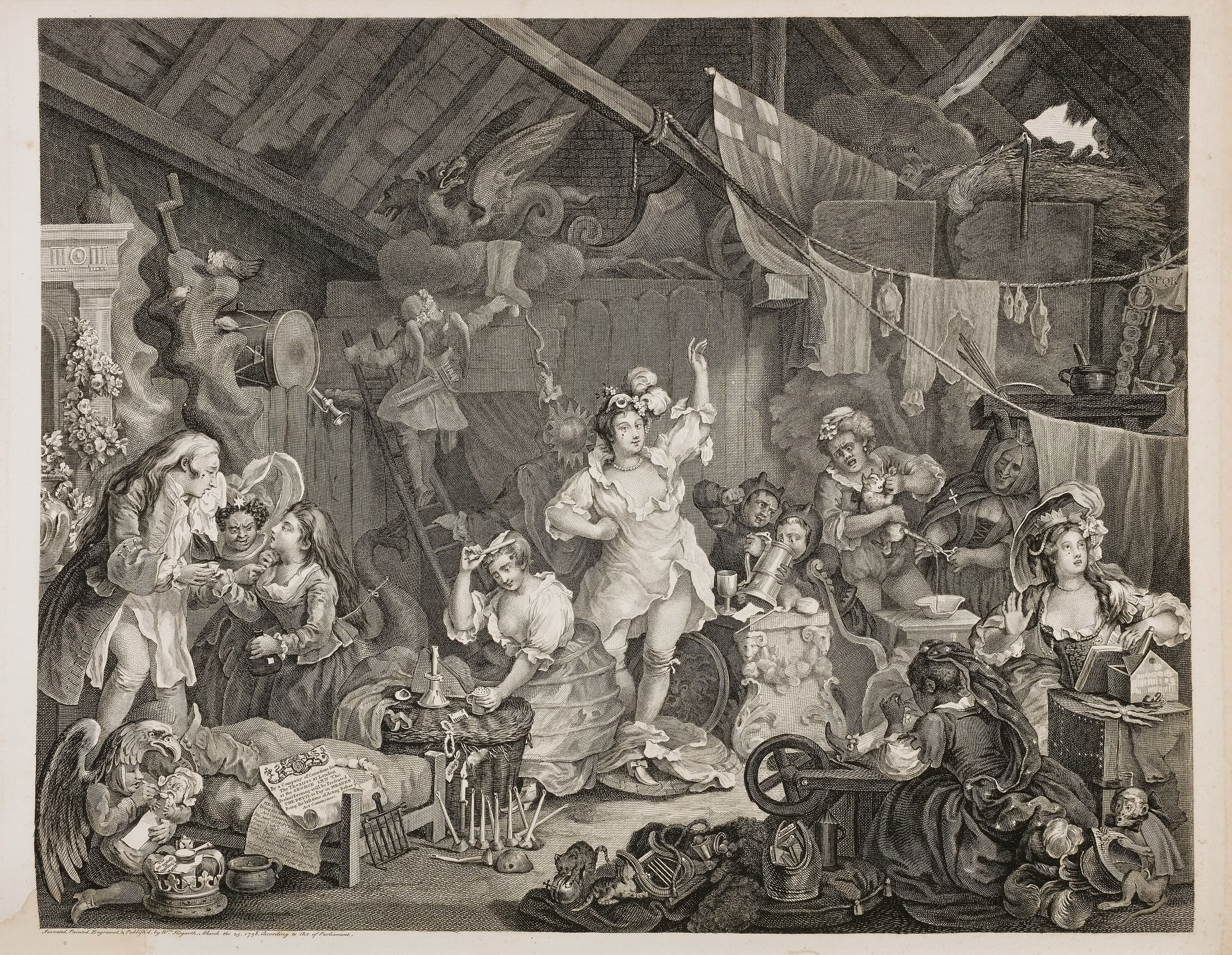A detailed engraving and etching showing actresses dressing in a barn. A group of women are gathered, some adjusting costumes, others applying makeup or interacting with each other. The scene is richly detailed, capturing the bustling atmosphere of a pre-show preparation.