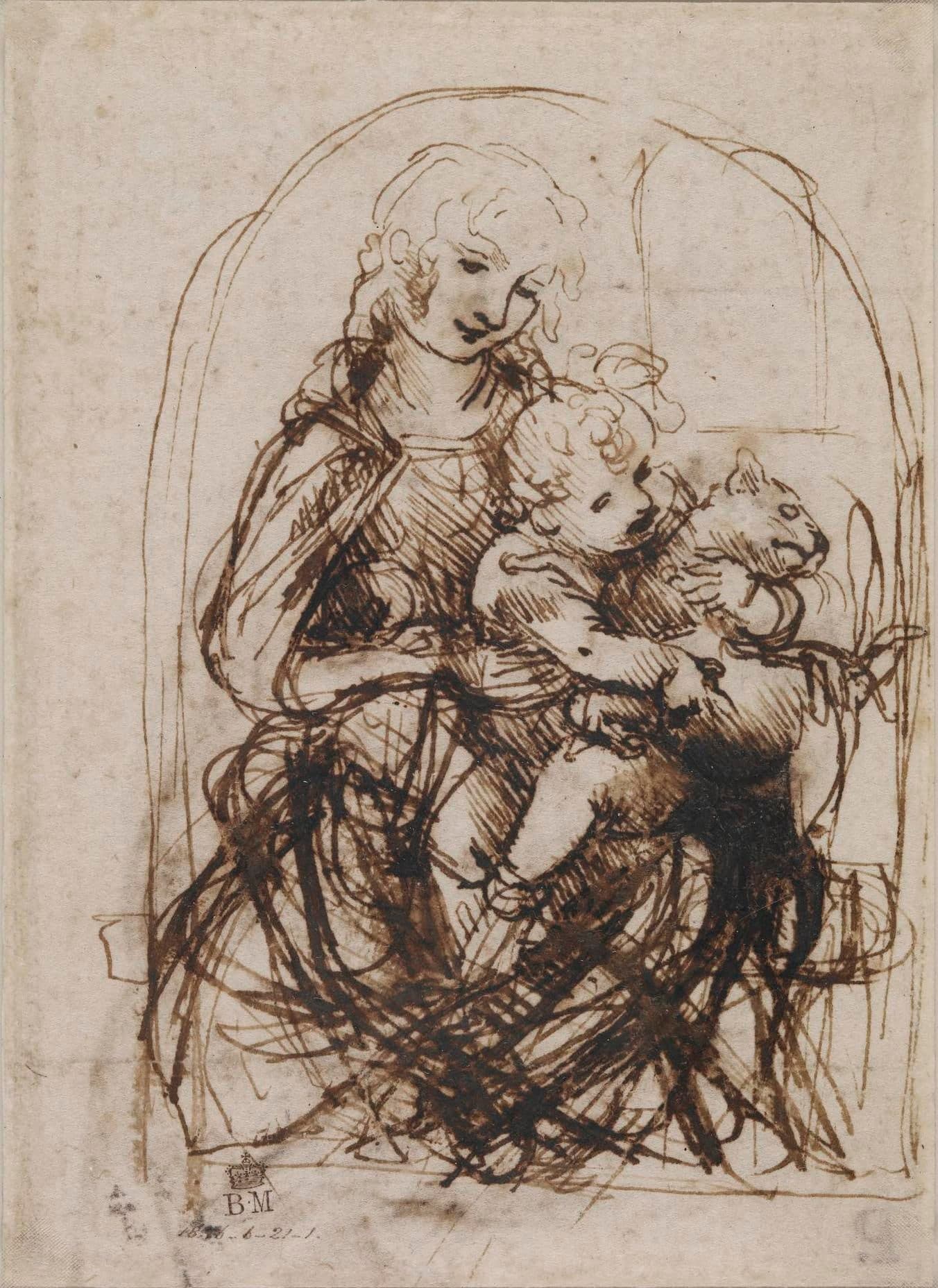 A very small sheet of aged paper covered in quick brown pen lines: a seated woman bending over an infant who twists in her arms towards a cat. Faint scored lines and patches of brown wash lie under and around the inked drawing.