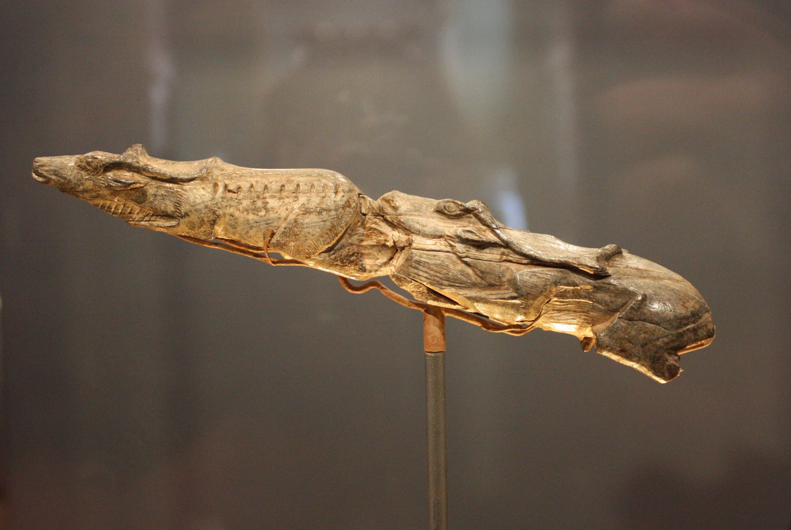 A small carved ivory sculpture of two reindeer swimming in line, heads raised, antlers laid flat along their backs, their bodies tapering as if submerged in water.