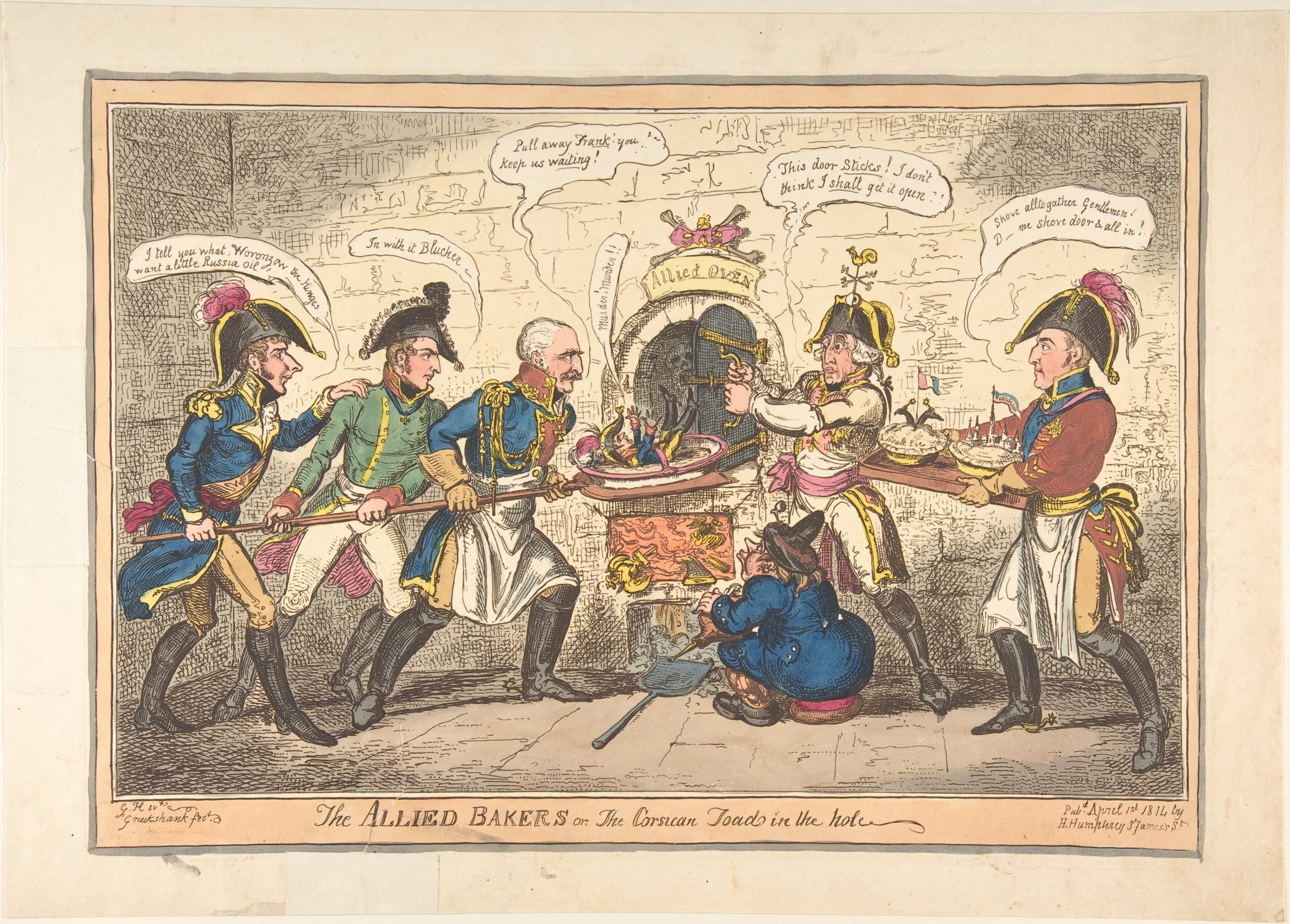 Crowded satirical engraving of Allied leaders dressed as bakers beside a large oven, with one figure advancing holding pies and another hesitating at the oven door.