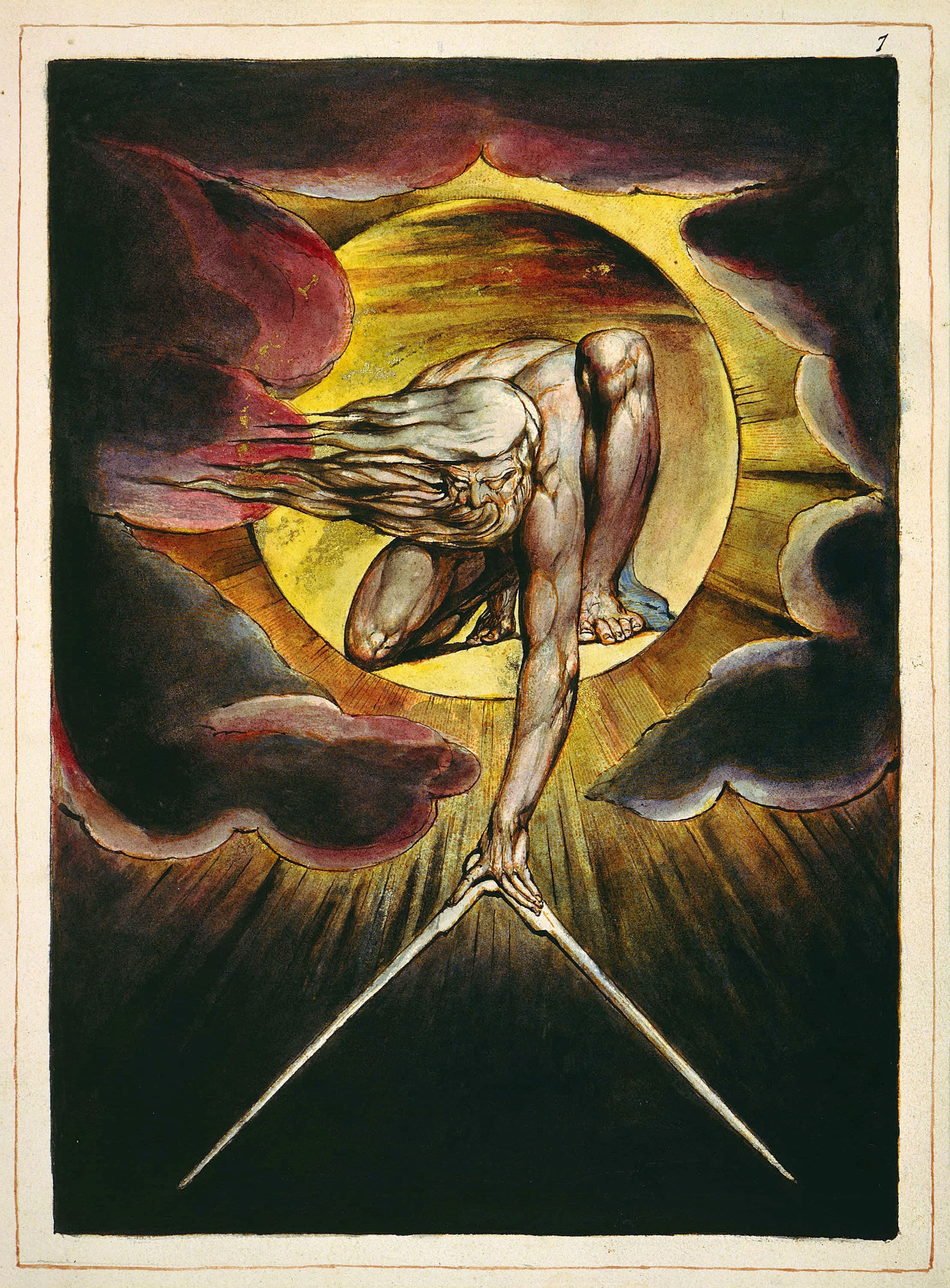 A bearded figure crouches inside a bright circle against stormy cloud, leaning forward to lower a pair of compasses into the darkness below, worked in ink on a small sheet of paper.