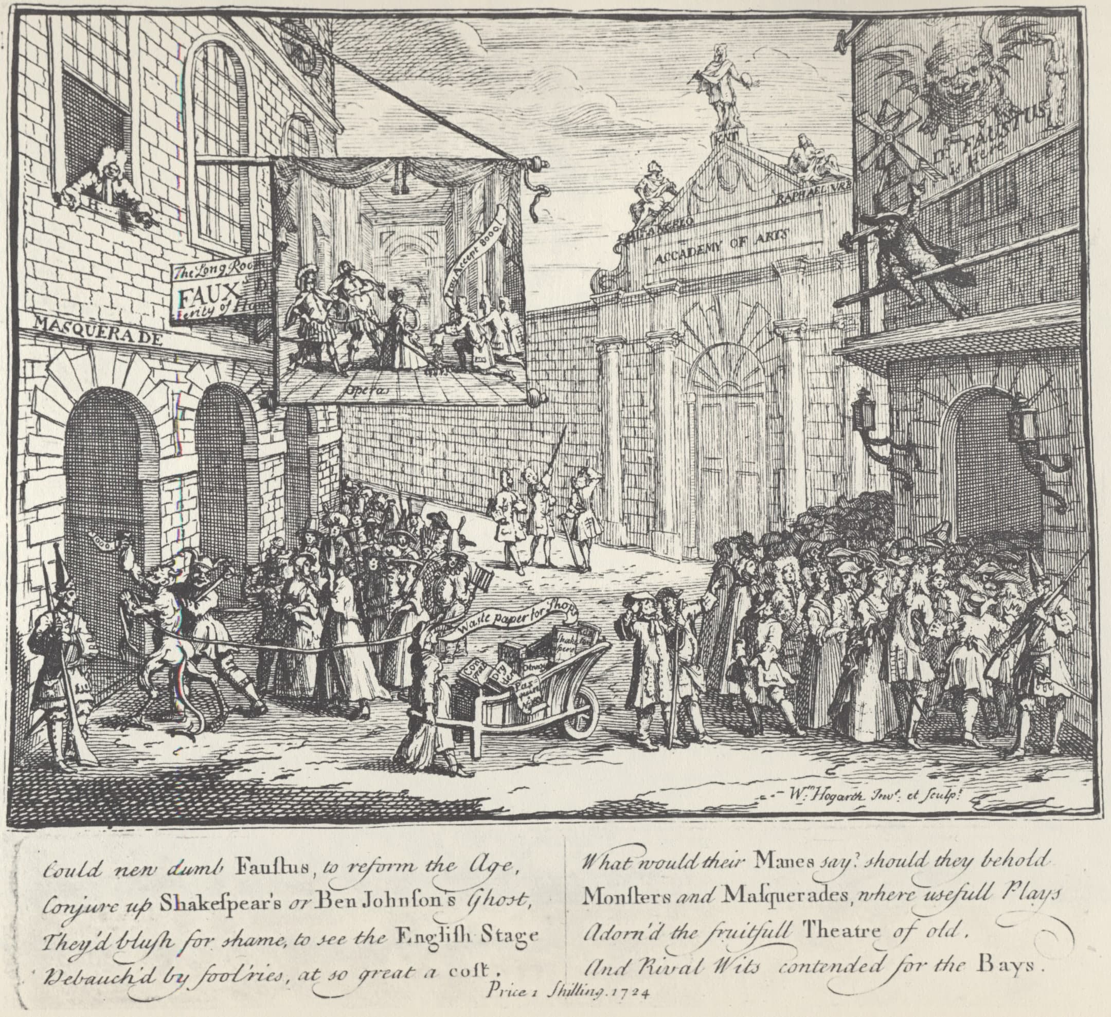 A small early eighteenth-century print densely filled with satirical urban scenes alluding to opera, masked balls and fashionable architecture, worked in a mix of etched and engraved lines.