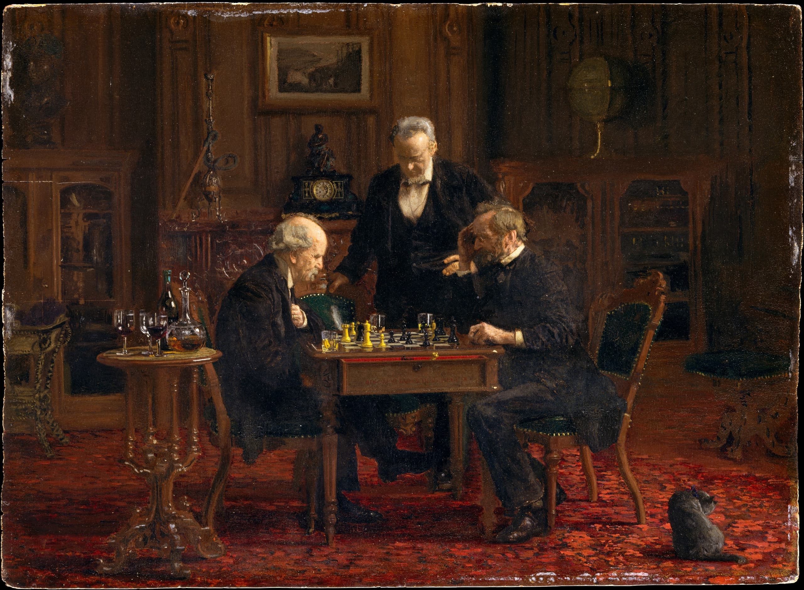 A small horizontal oil painting on wood, a nineteenth-century American genre scene of chess players, modest in height and width.