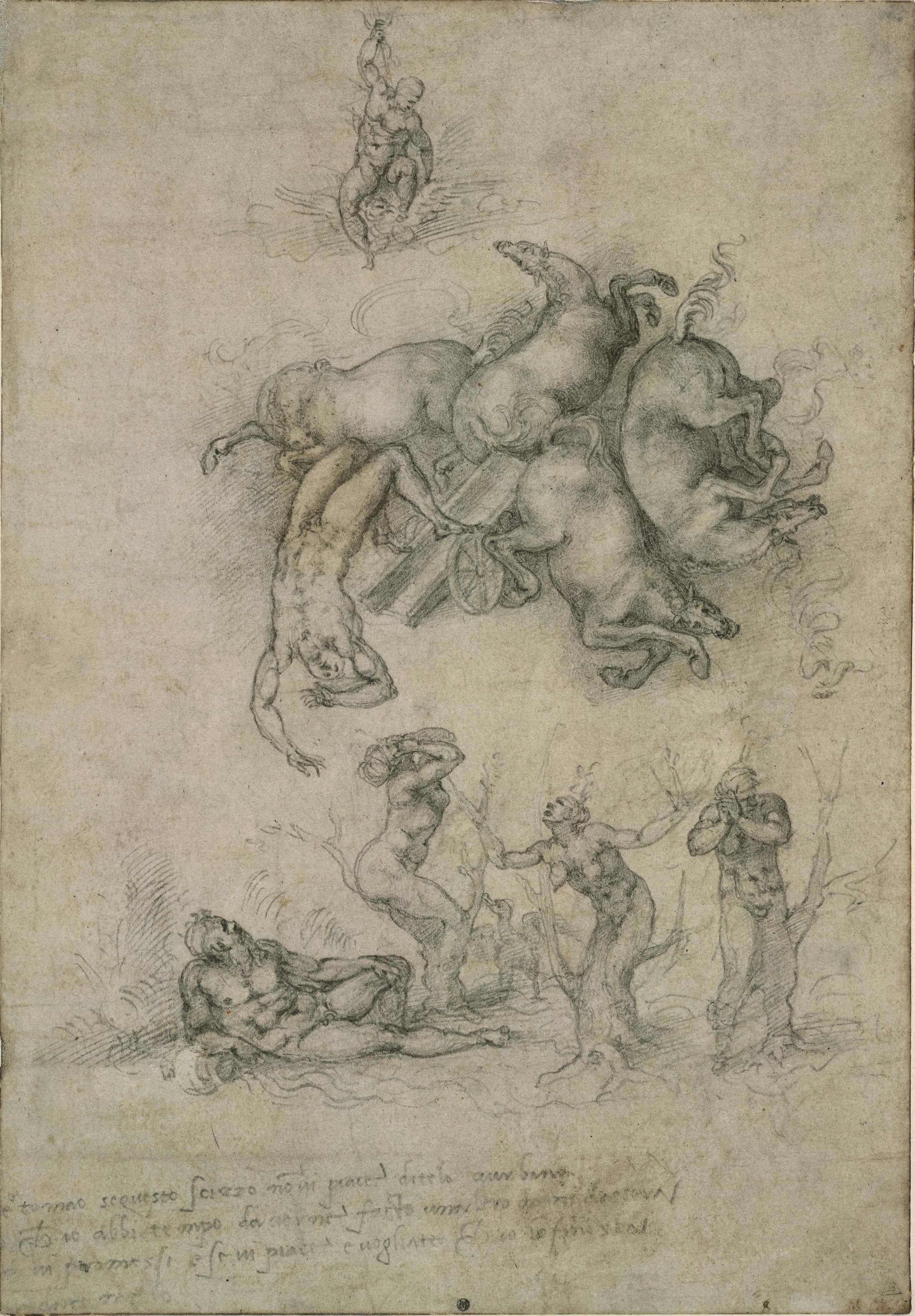 A tall rectangular sheet of paper bearing a dense black-chalk drawing of a mythological catastrophe, with figures and horses arranged in a vertical fall across the page.