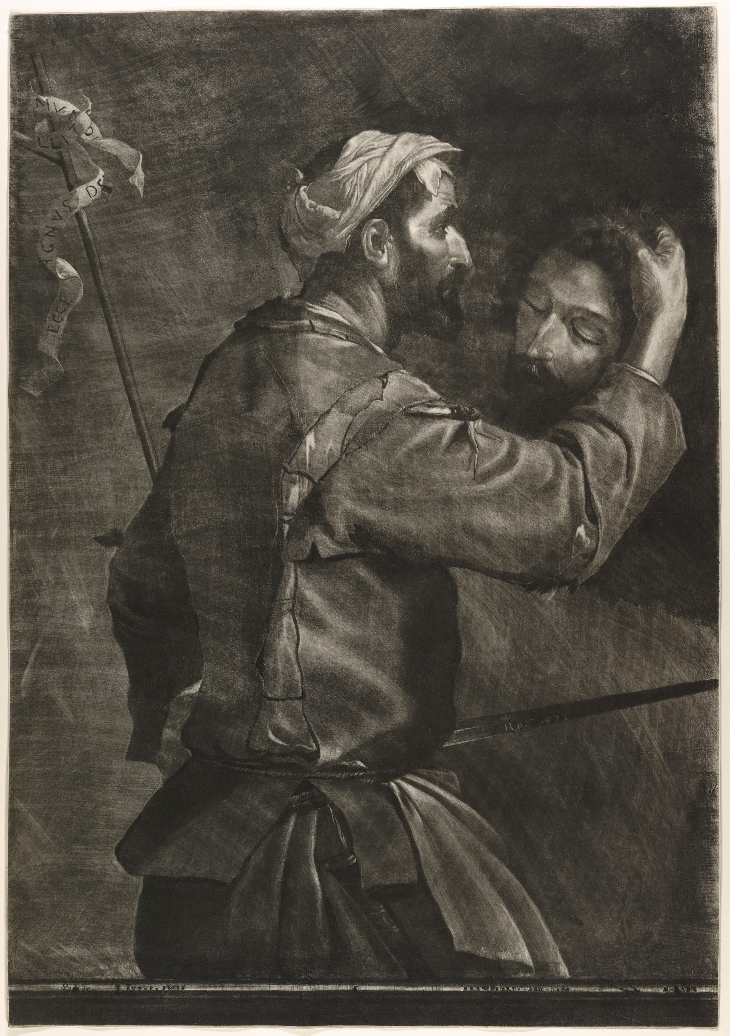 A large dark mezzotint of an executioner with a sword and the severed head of John the Baptist; a name is inscribed along the blade.