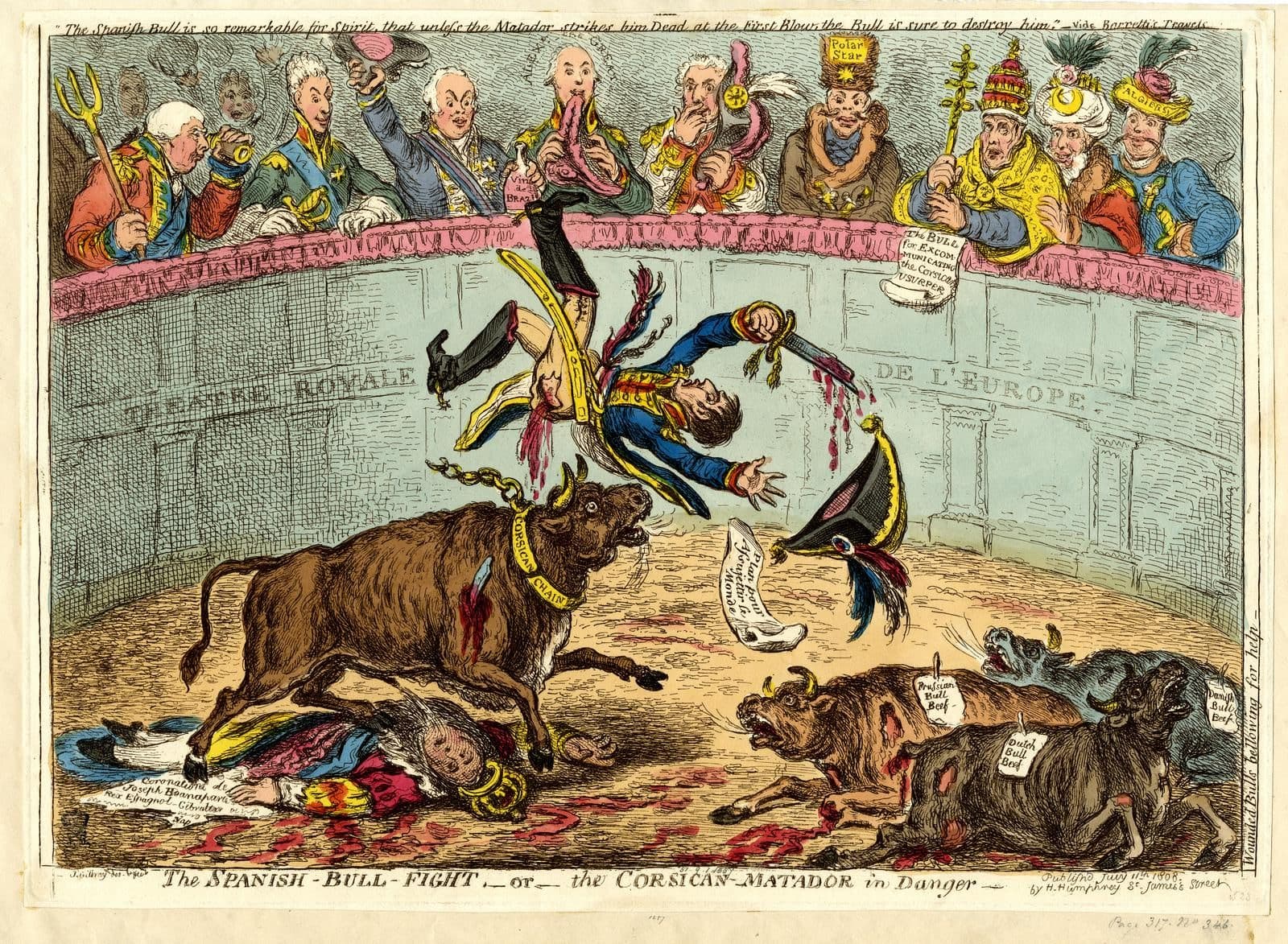 A crowded bullring scene in which a bull throws a matador, with another fallen figure, marked bulls at the right, and rulers watching from the side.