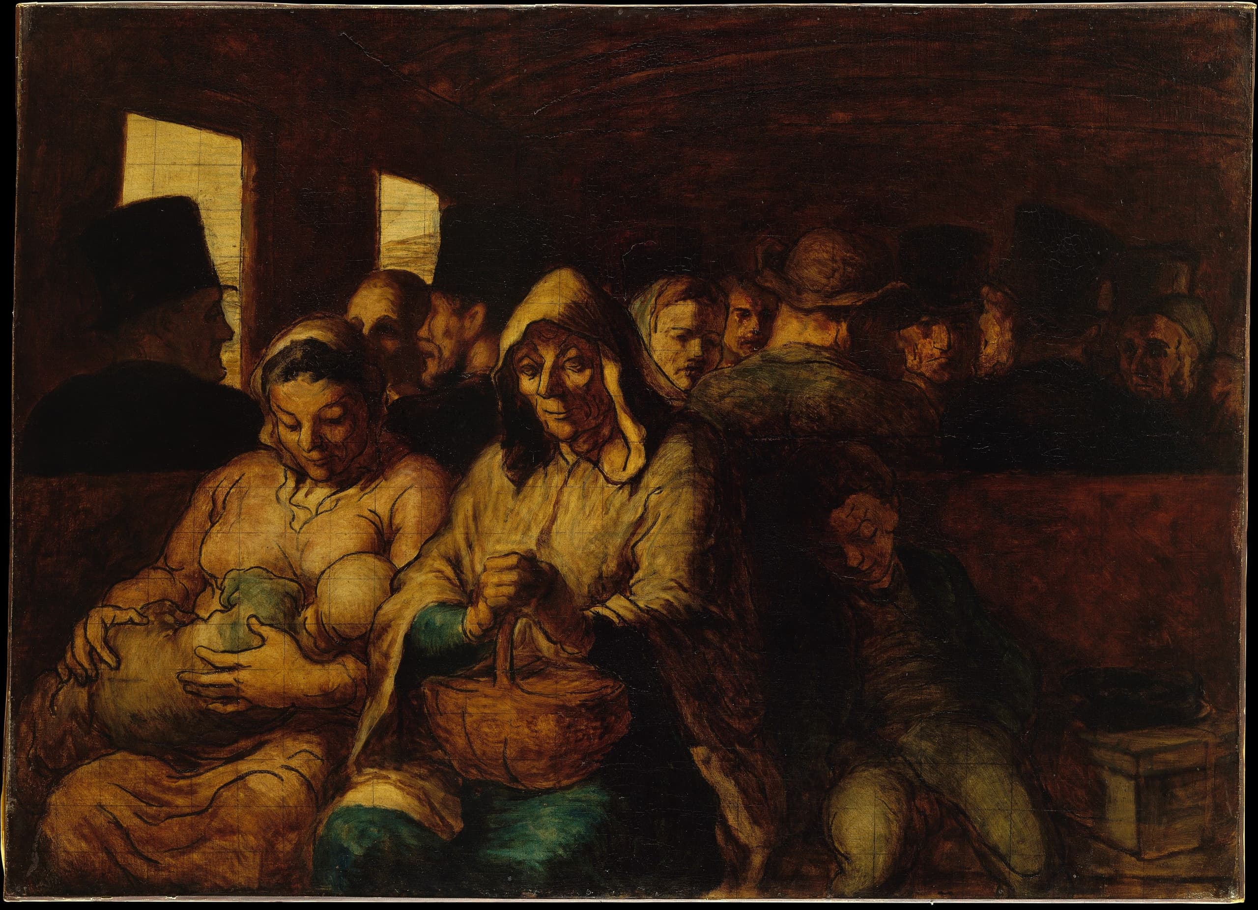 Oil on canvas of passengers seated in a cramped third-class railway carriage, painted in a Realist manner, the surface left unfinished.