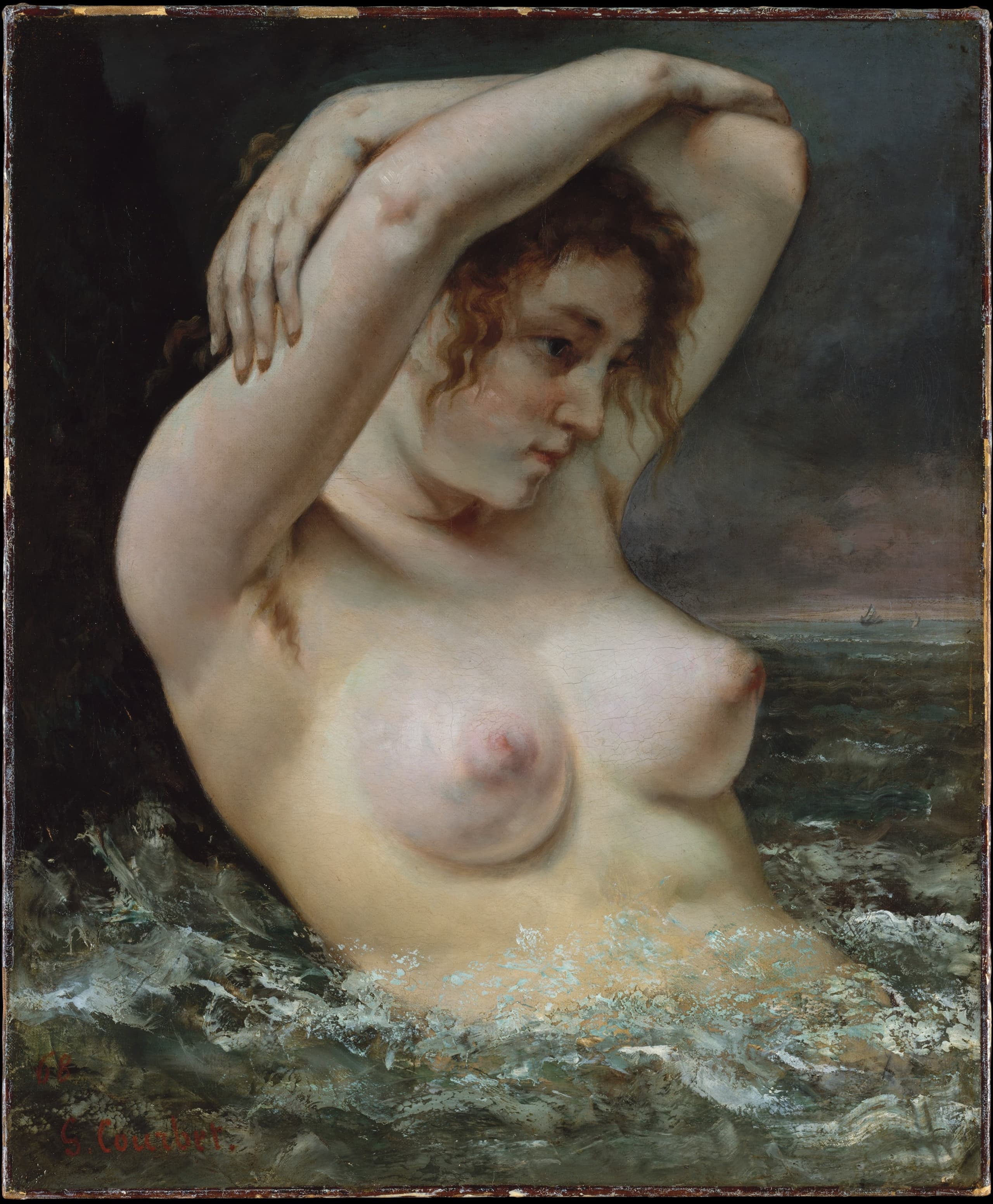 A nude woman rises from dark waves, one arm lifted above her head, painted in oil with naturalistic flesh tones against a shadowed expanse of water.