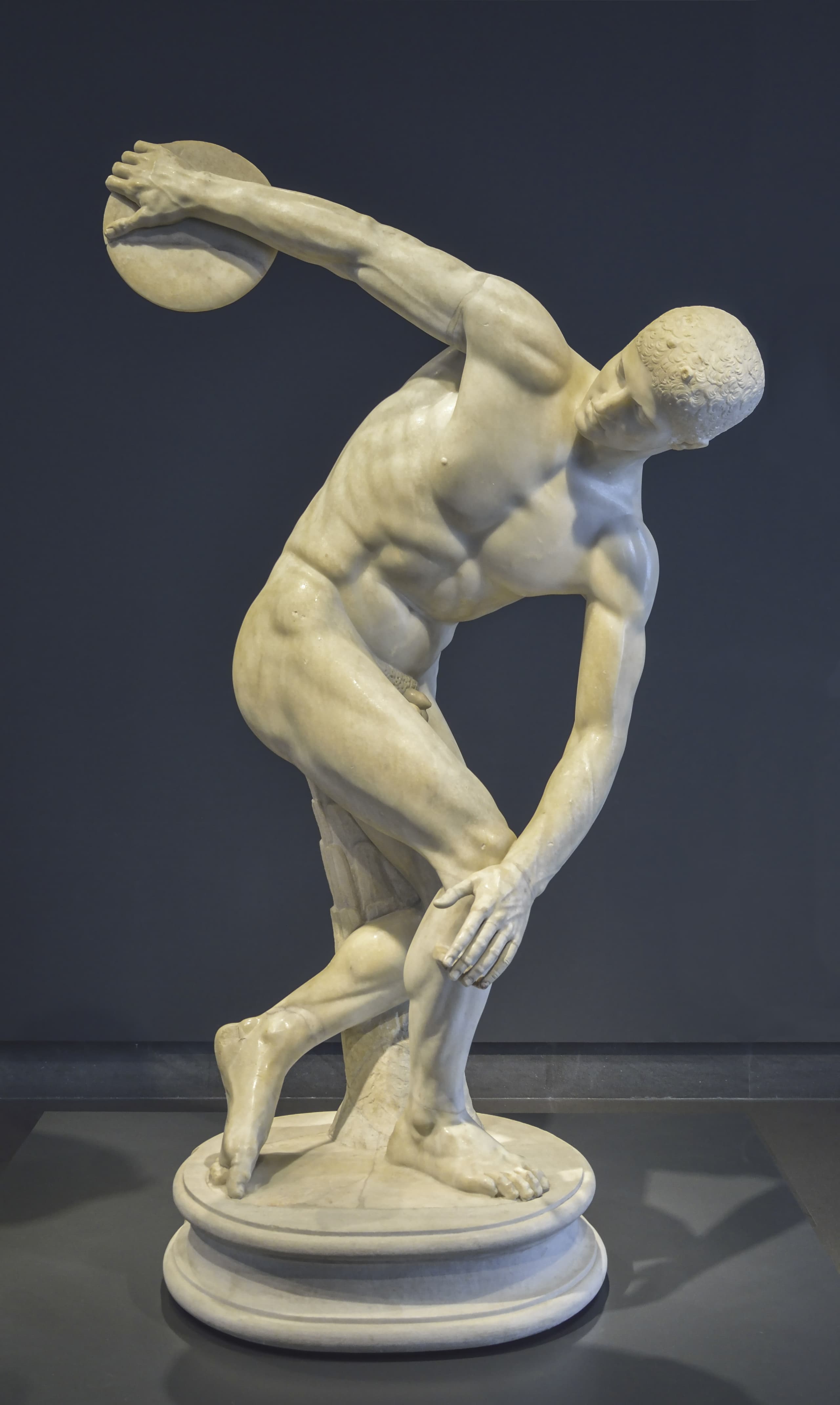 A nude male figure in marble, twisting to throw a discus, weight on his right leg, left arm extended forward, right arm swung back holding the discus low, torso rotated, head turned to follow the line of the throw.