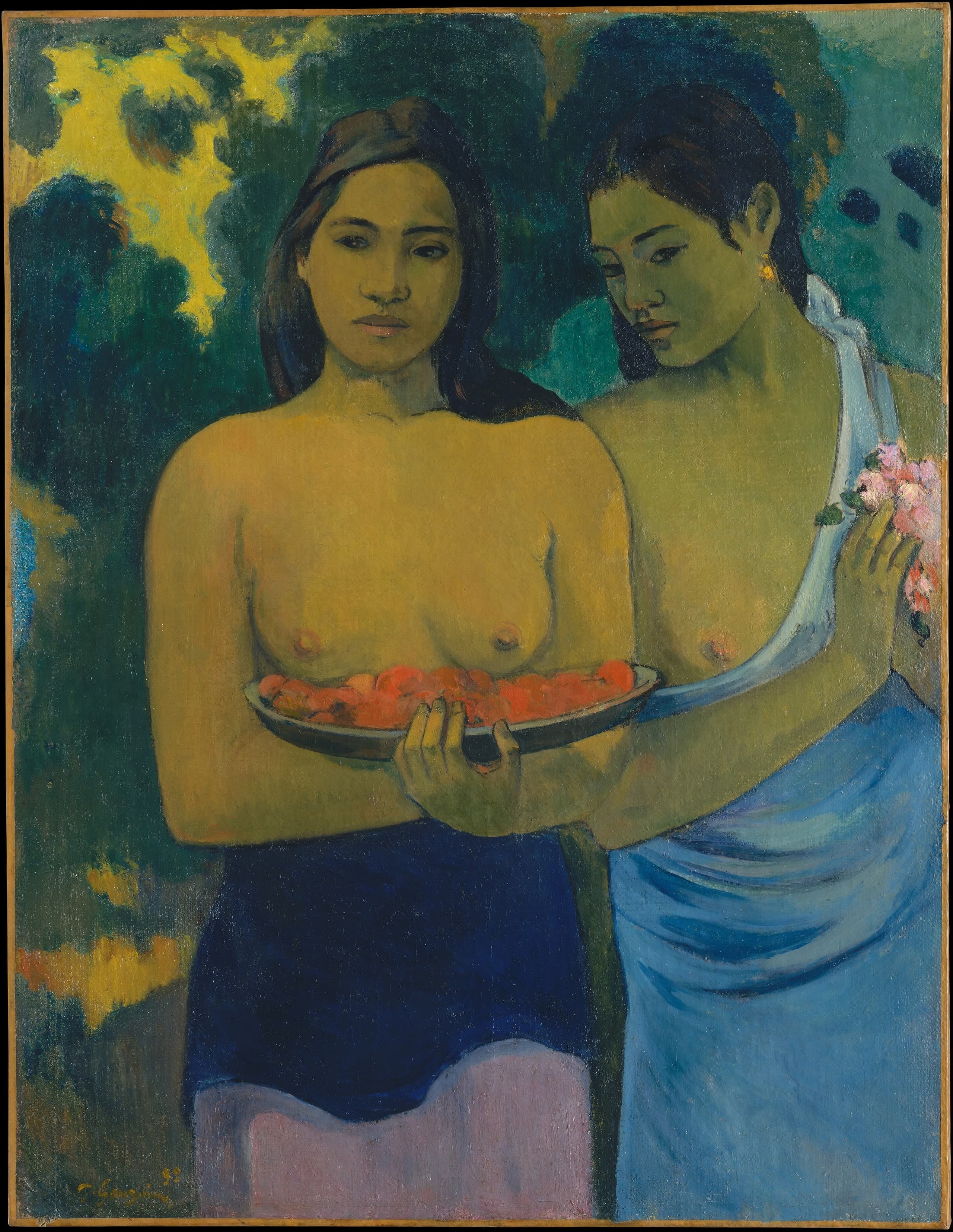 Two topless women shown together; one holds a cluster of mango blossoms. Their bodies form the central focus of the painted scene.