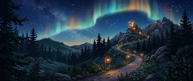 An illuminated observatory under a star-filled night sky