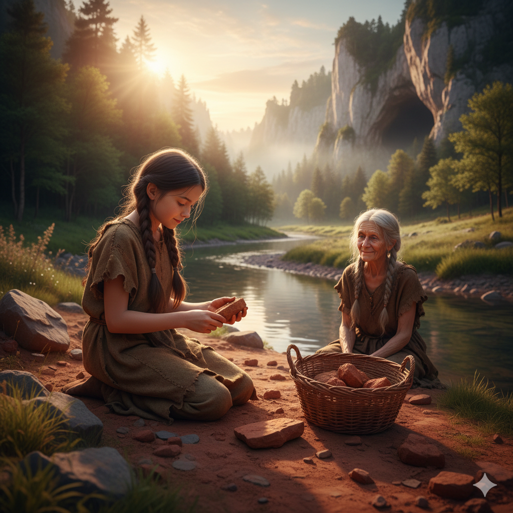 Lira collecting red ochre from a riverbank