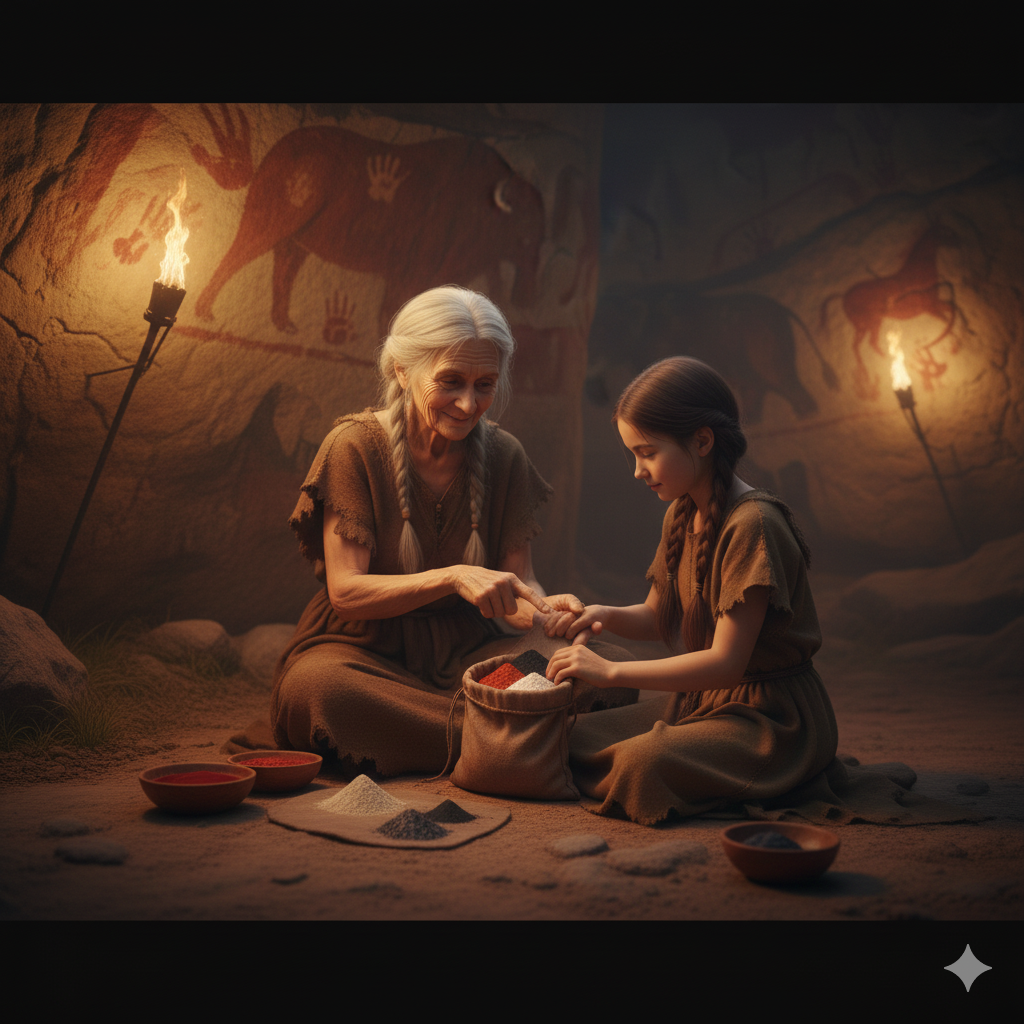 Elder teaching child in a cave