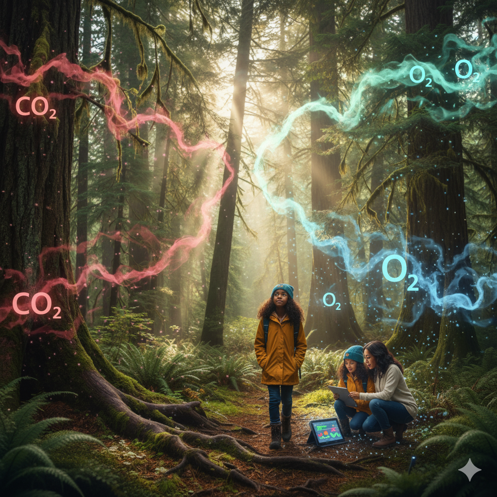 Forest breathing - showing oxygen and carbon dioxide exchange