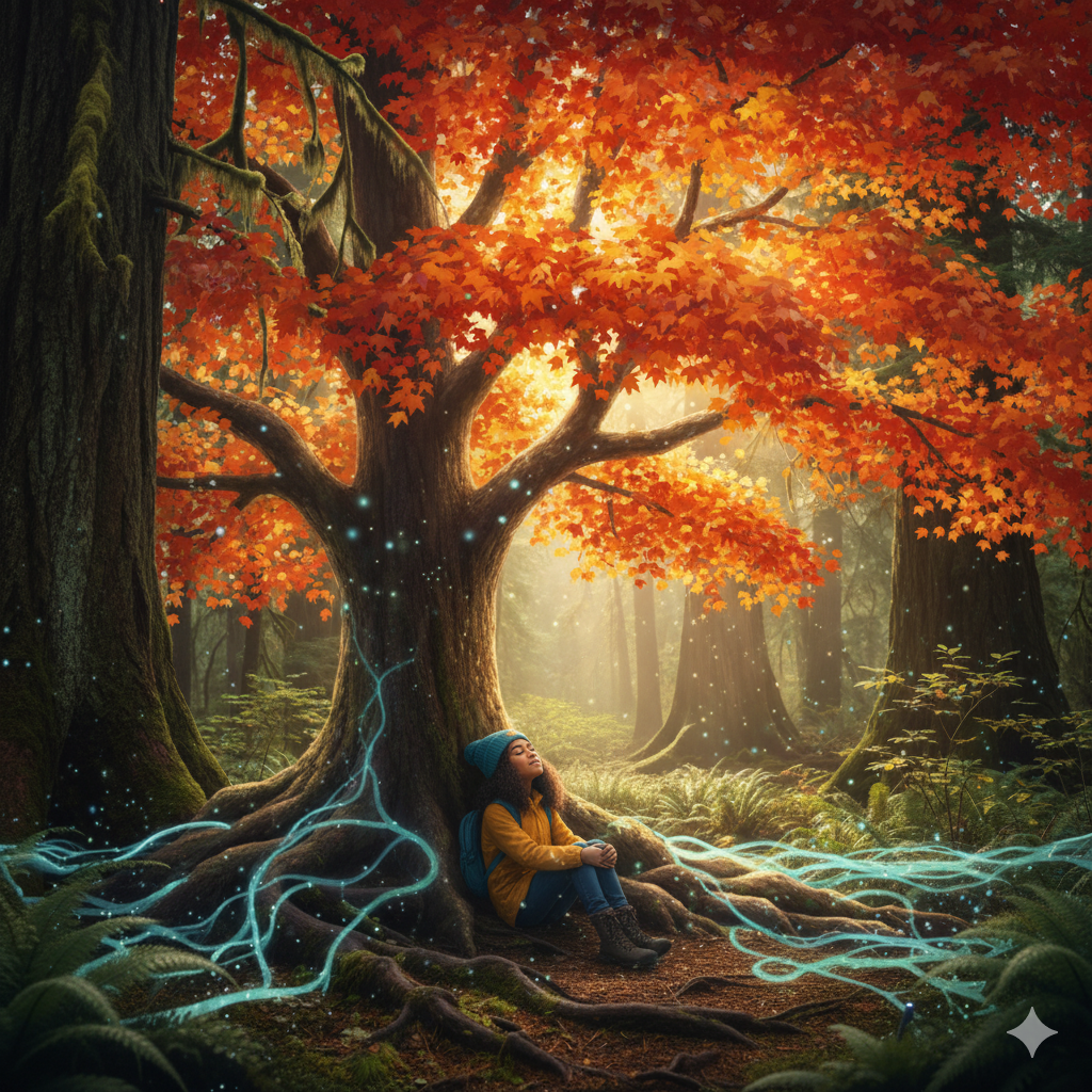 Nia sitting beneath the maple tree in autumn