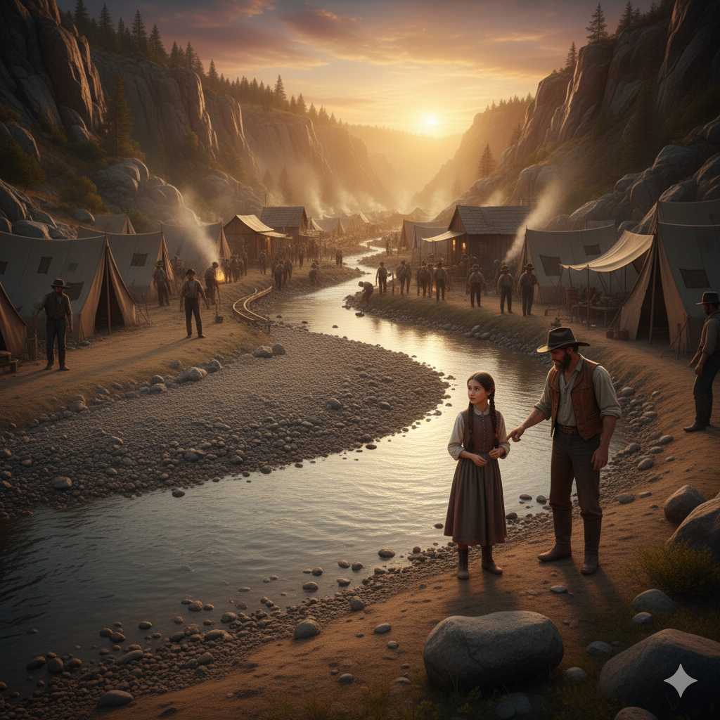 Elena and her father examining the river bend and gravel deposits