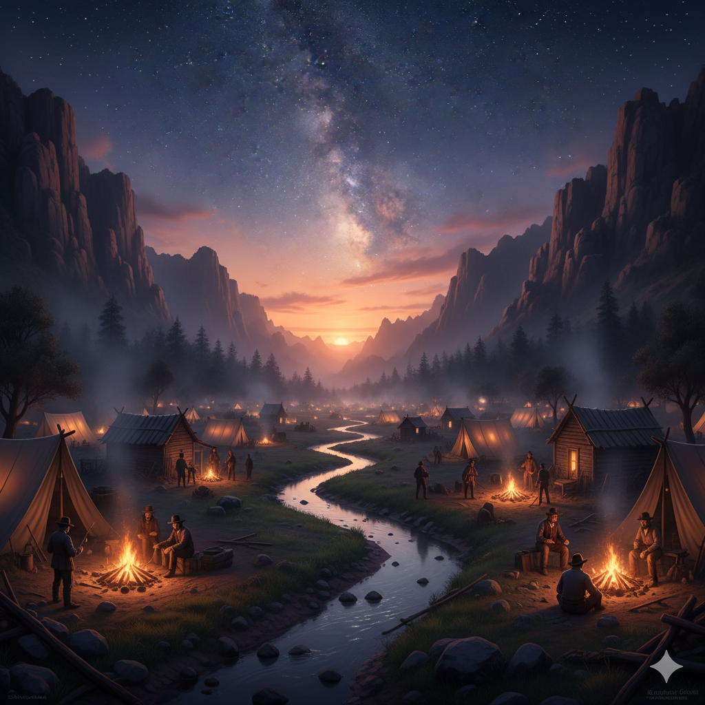 Evening at the mining camp with stars overhead and creek glinting in the background