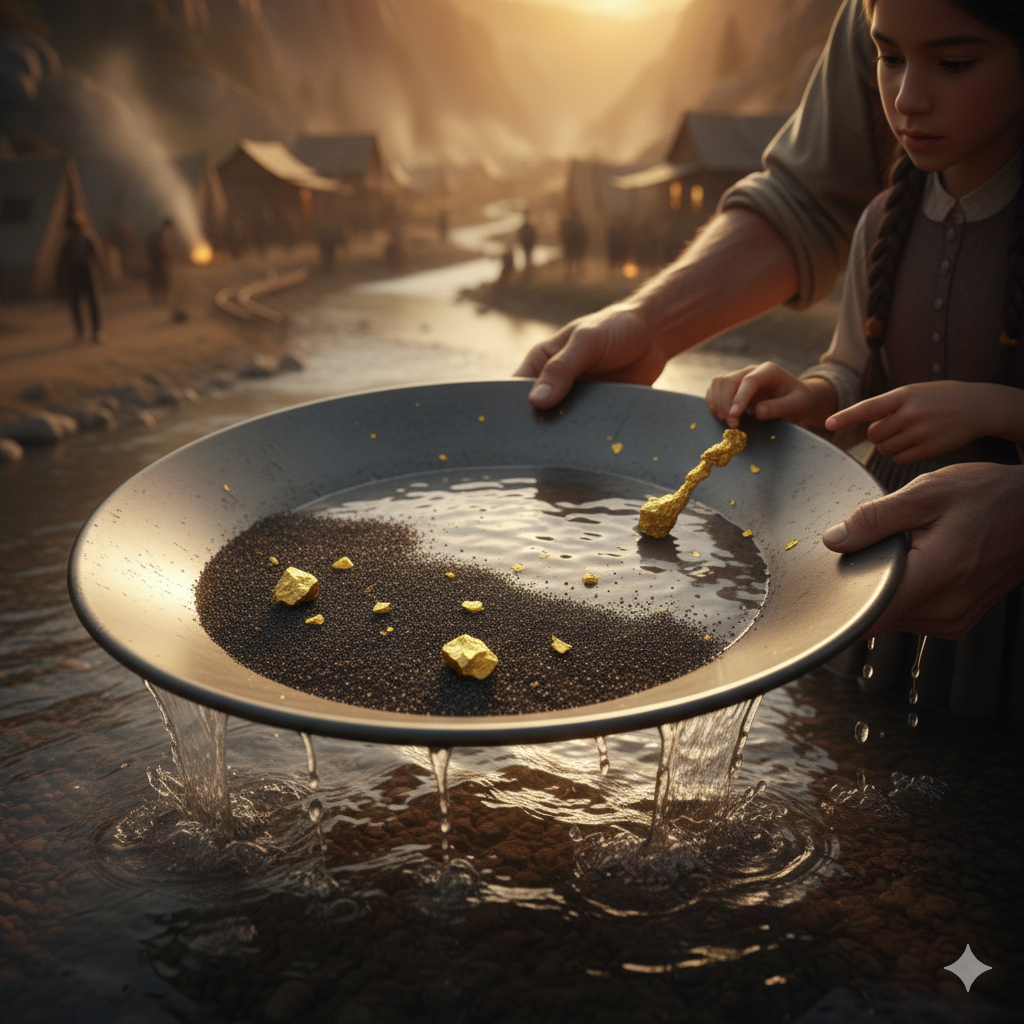 Close-up of a gold pan showing black sand, gold flakes, and fool's gold