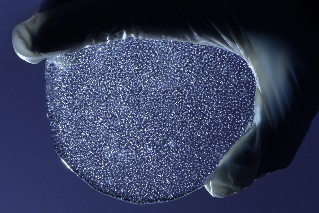 Close-up photograph of ancient air bubbles trapped in Antarctic ice