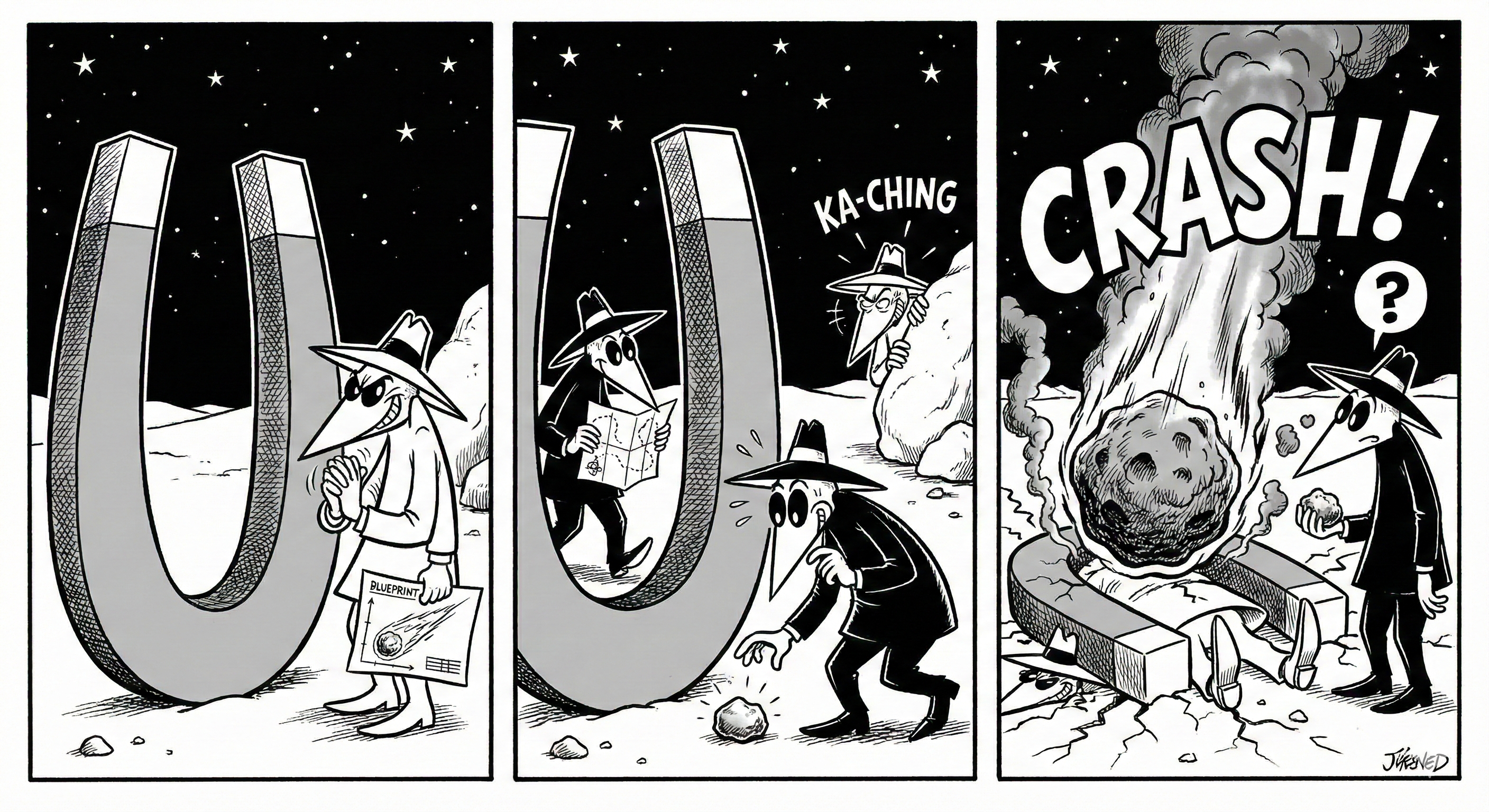 Funny cartoon about catching meteorites with a giant magnet