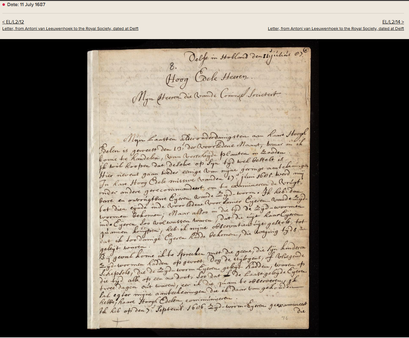 One of Antonie van Leeuwenhoek's letters to the Royal Society