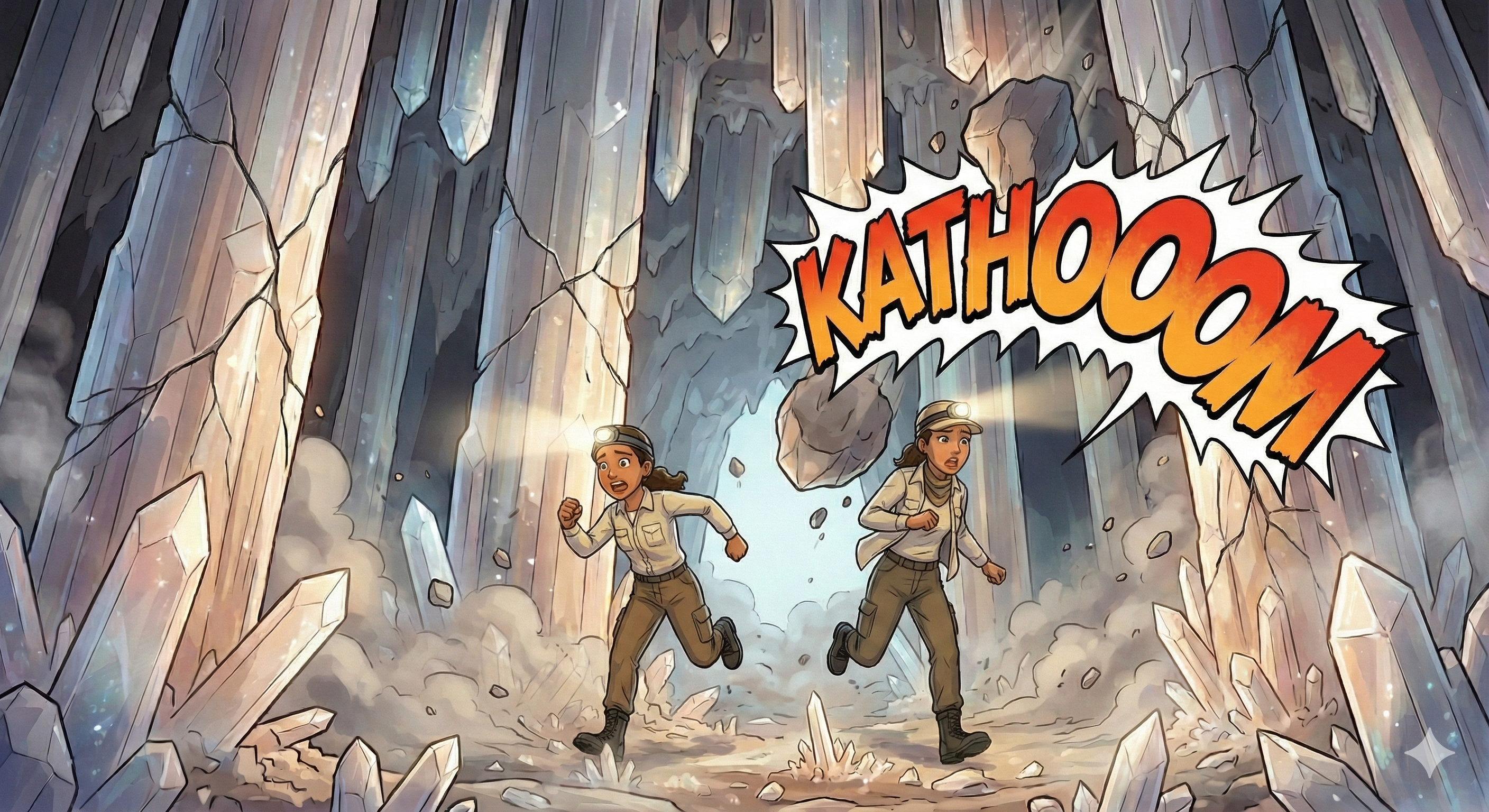 Crystal cave collapsing with dramatic escape