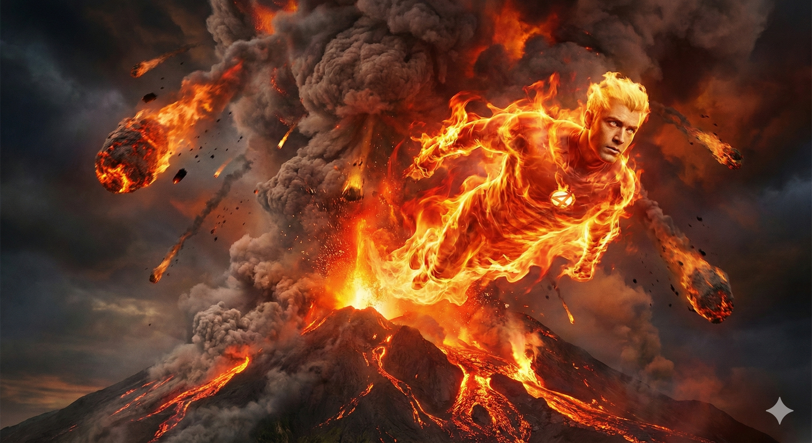 Human Torch emerging from volcano