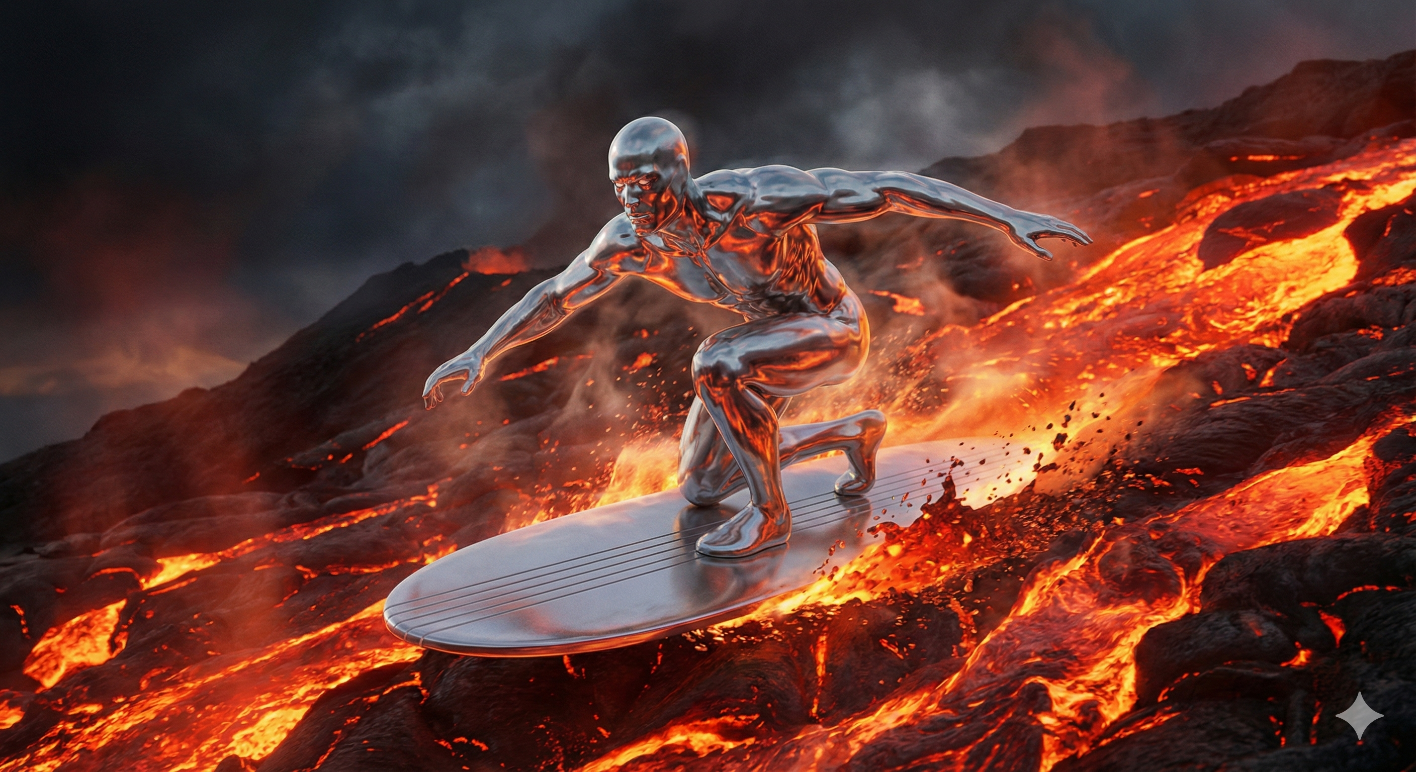 Silver Surfer surfing lava