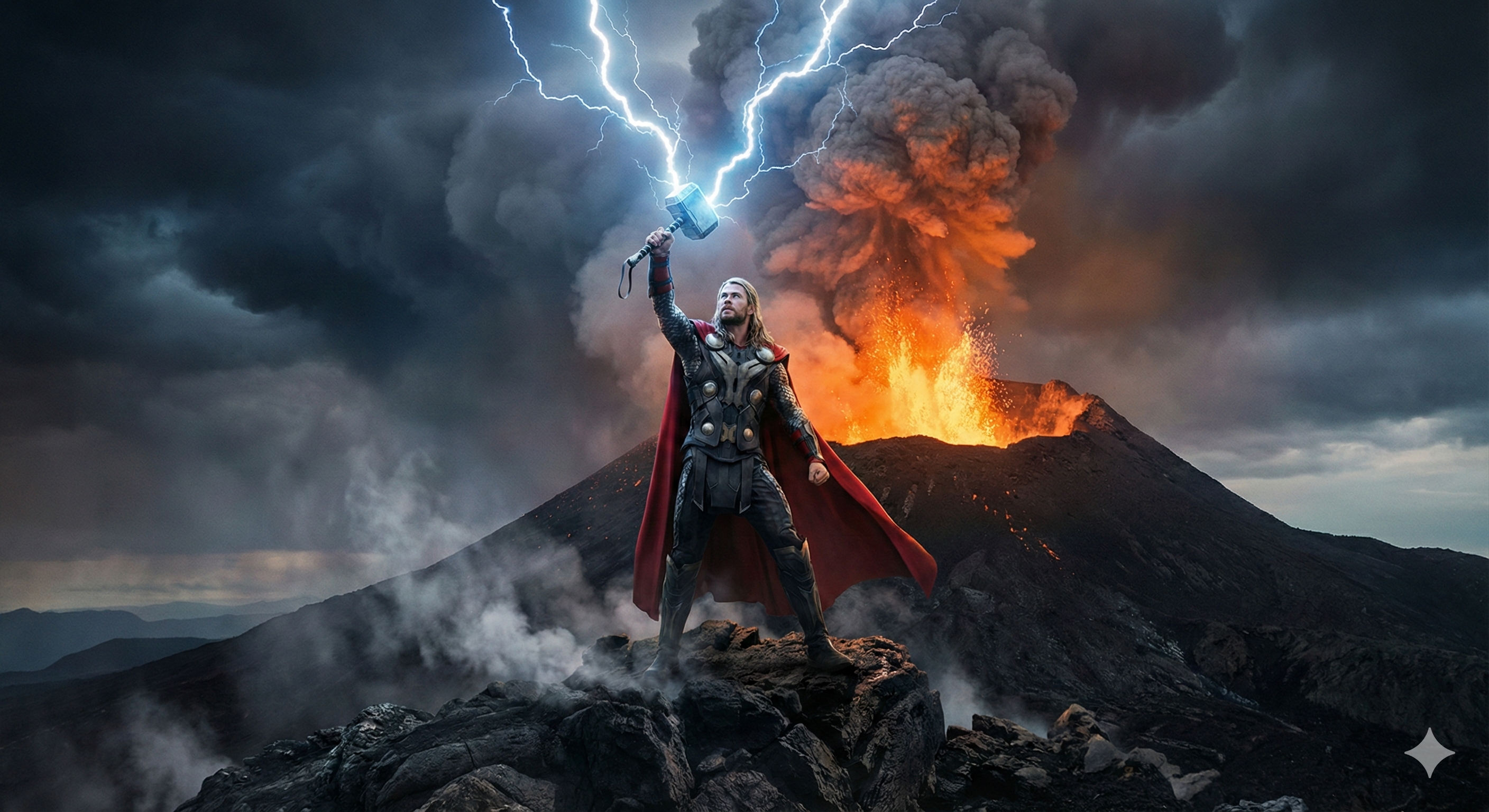 Thor on volcano summit with lightning