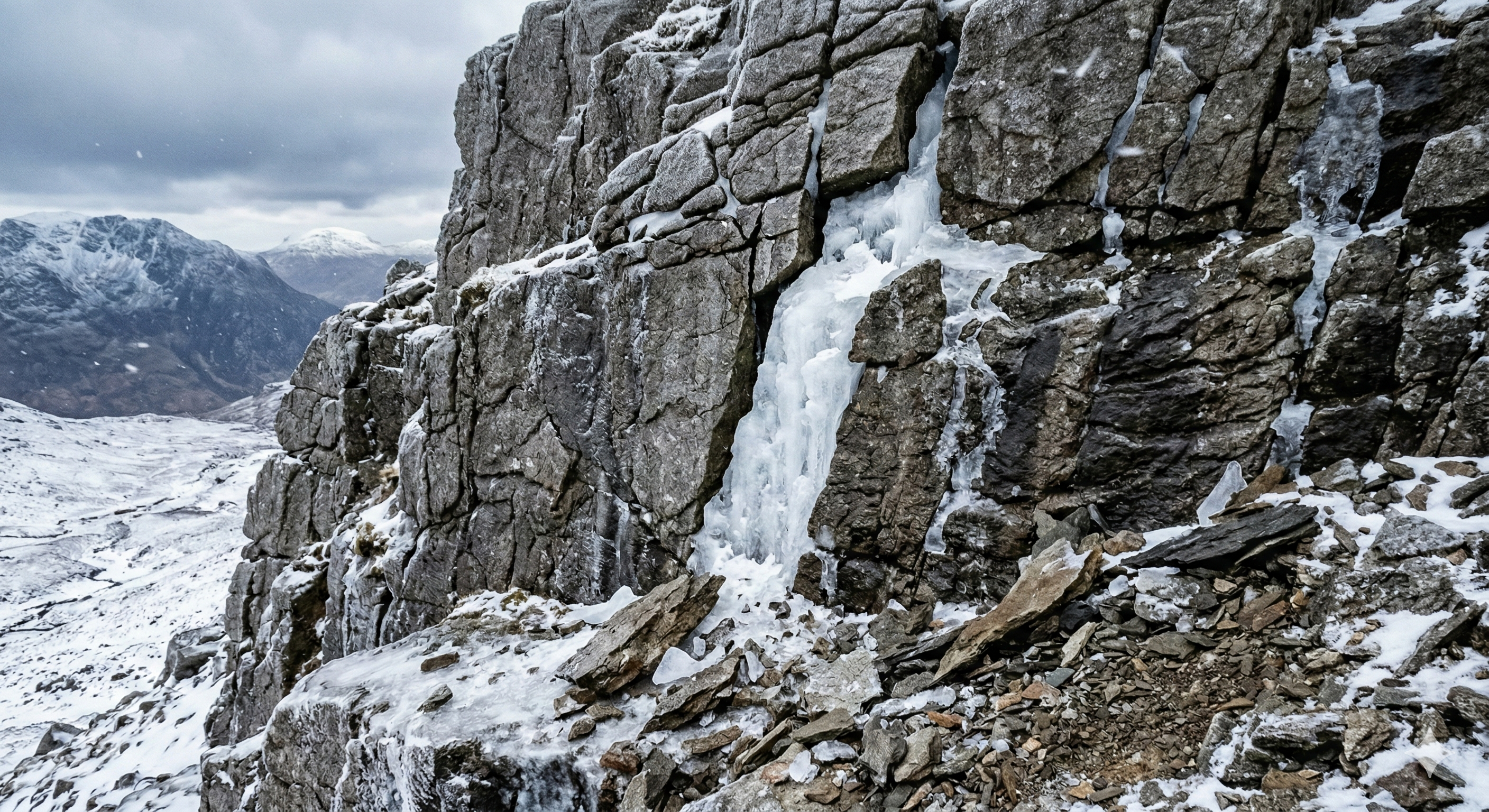 Ice expanding in rock cracks, splitting the stone apart